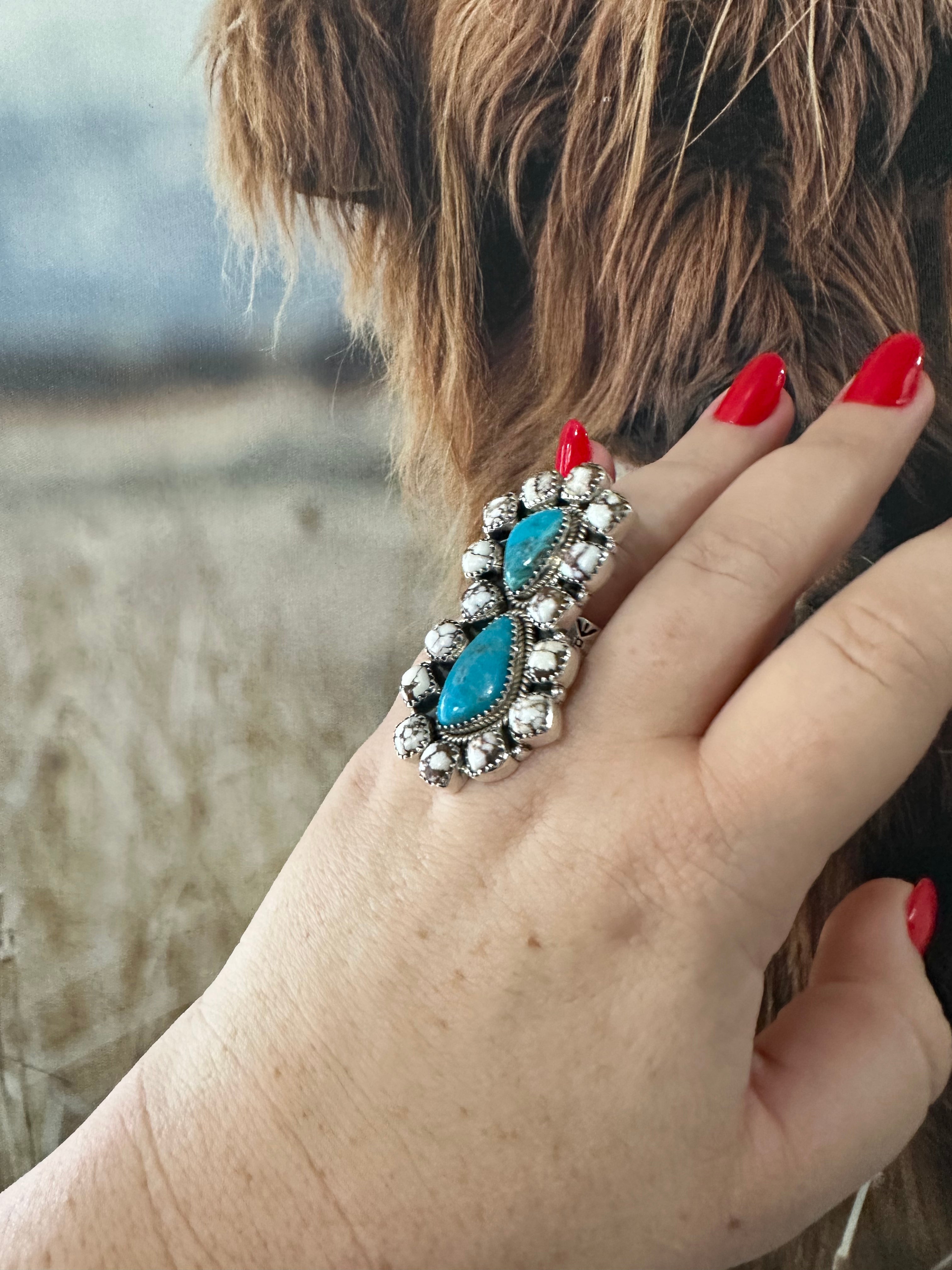 “Free Spirit” Nizhoni’s Wild Horse & Turquoise Sterling Silver Cluster Ring