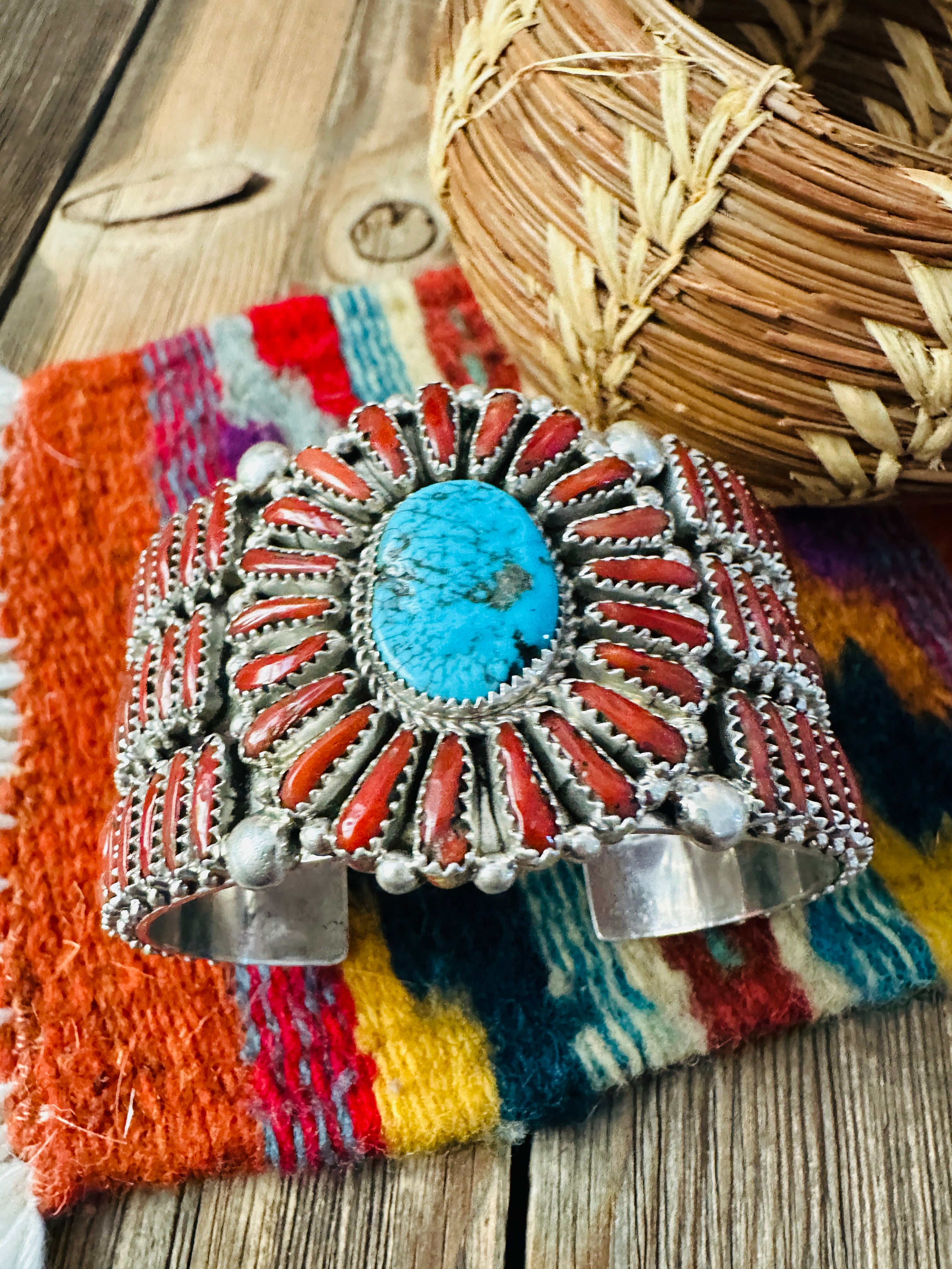 Handcrafted Coral, Turquoise & Sterling Silver Cluster Cuff Bracelet
