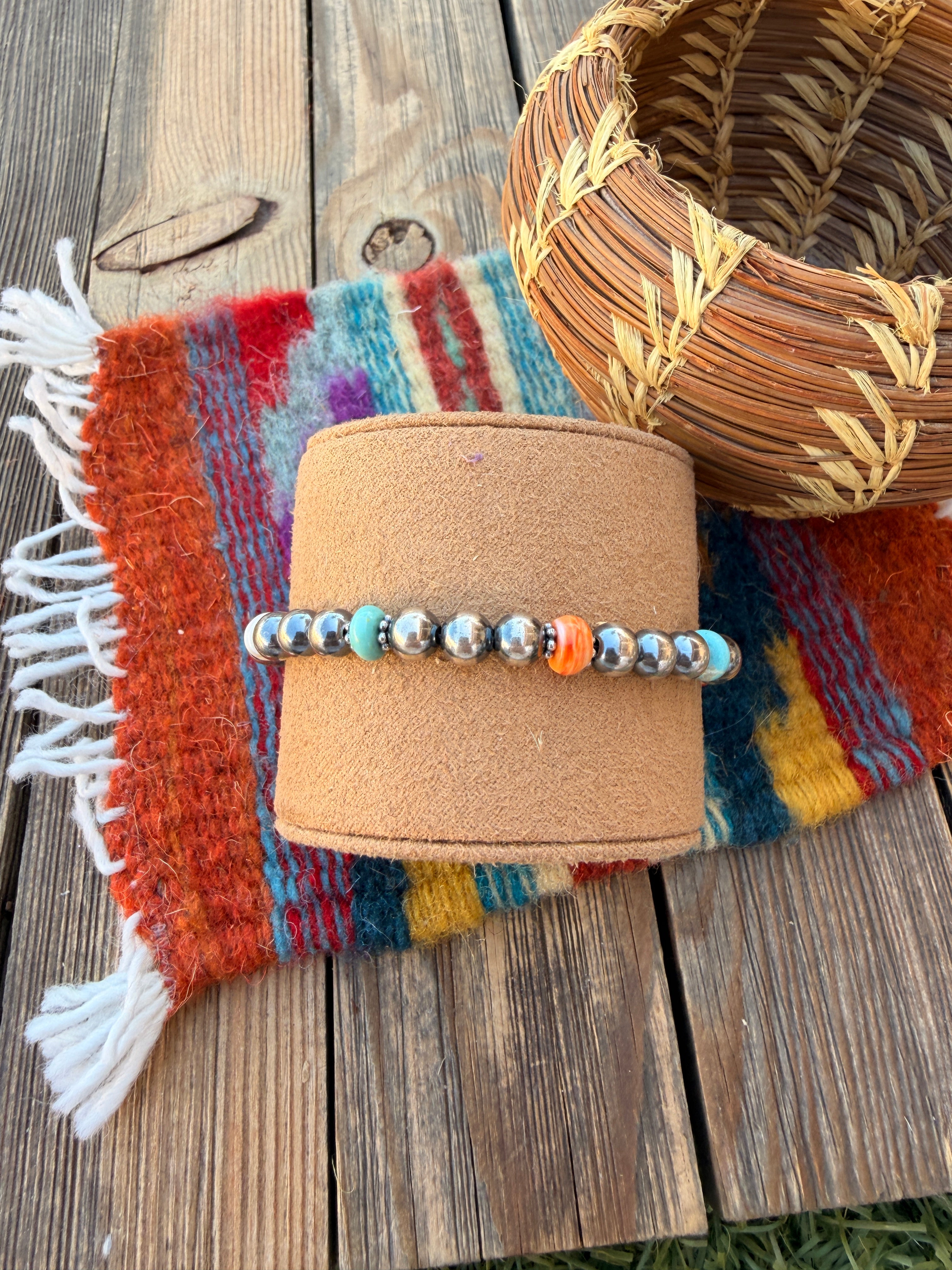 Handcrafted Turquoise, Spiny Oyster & Sterling Silver Pearl Beaded Bracelet