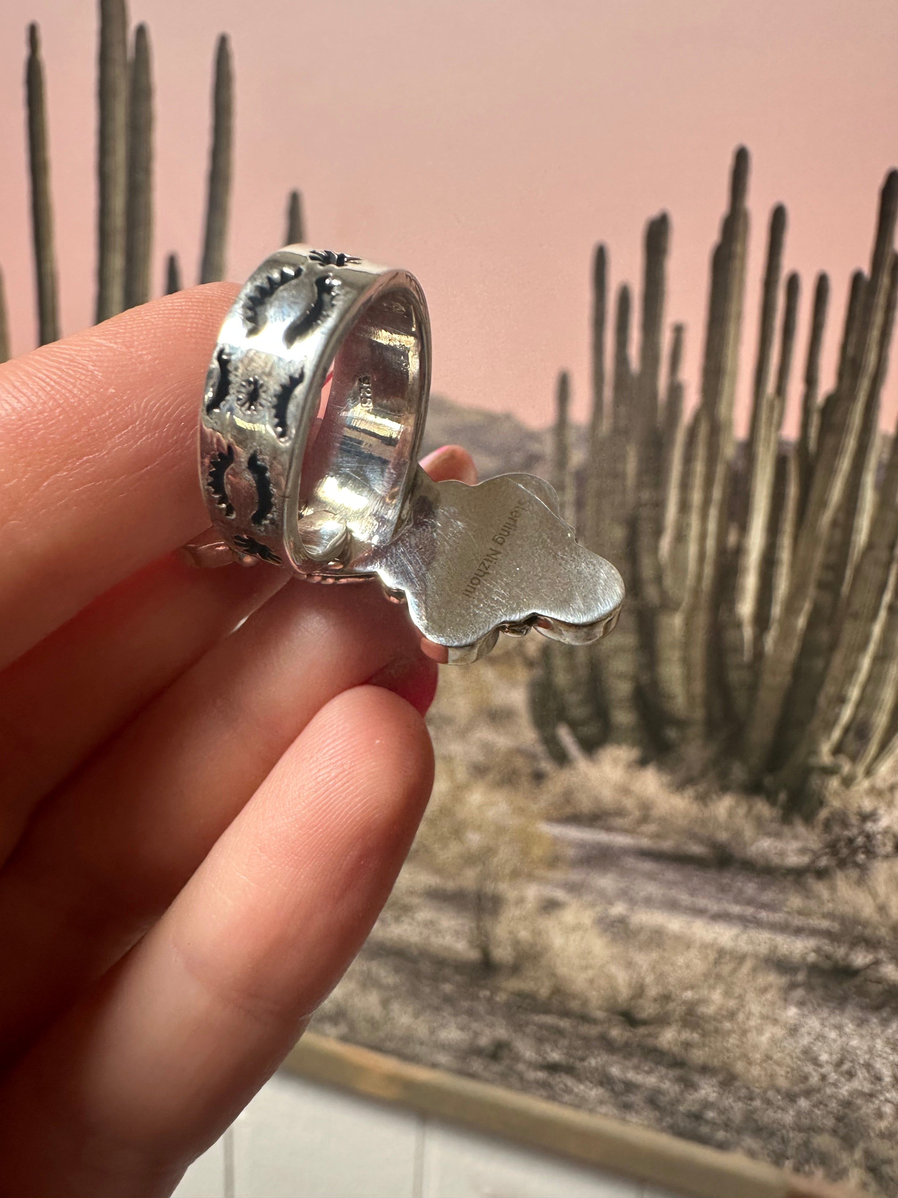 Beautiful Handmade Pink Dream Mojave, Pink Conch And Sterling Silver Adjustable Heart Ring