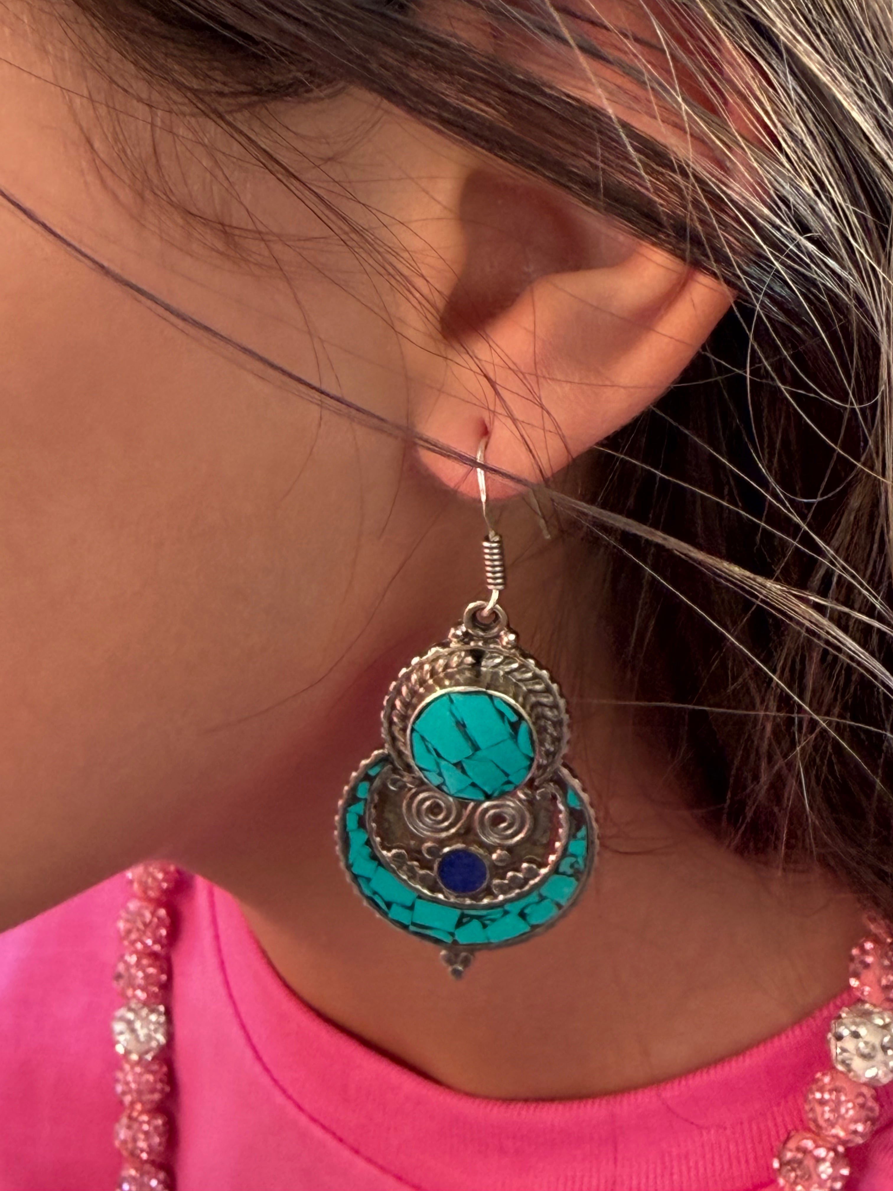 Southwestern Turquoise Mosaic & Lapis Statement Drop Earrings