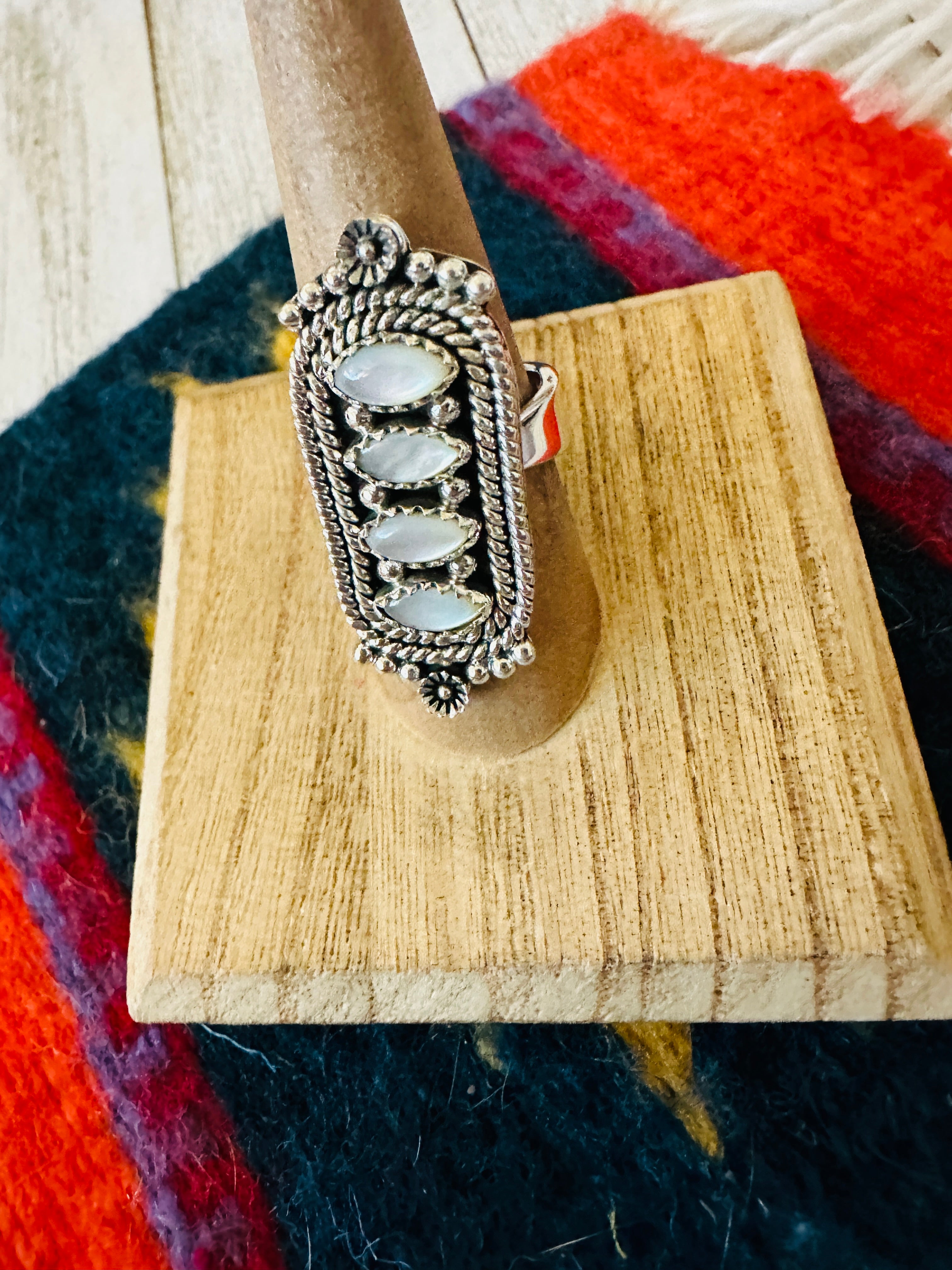 Handmade Sterling Silver & Mother of Pearl Cluster Adjustable Ring by Nizhoni