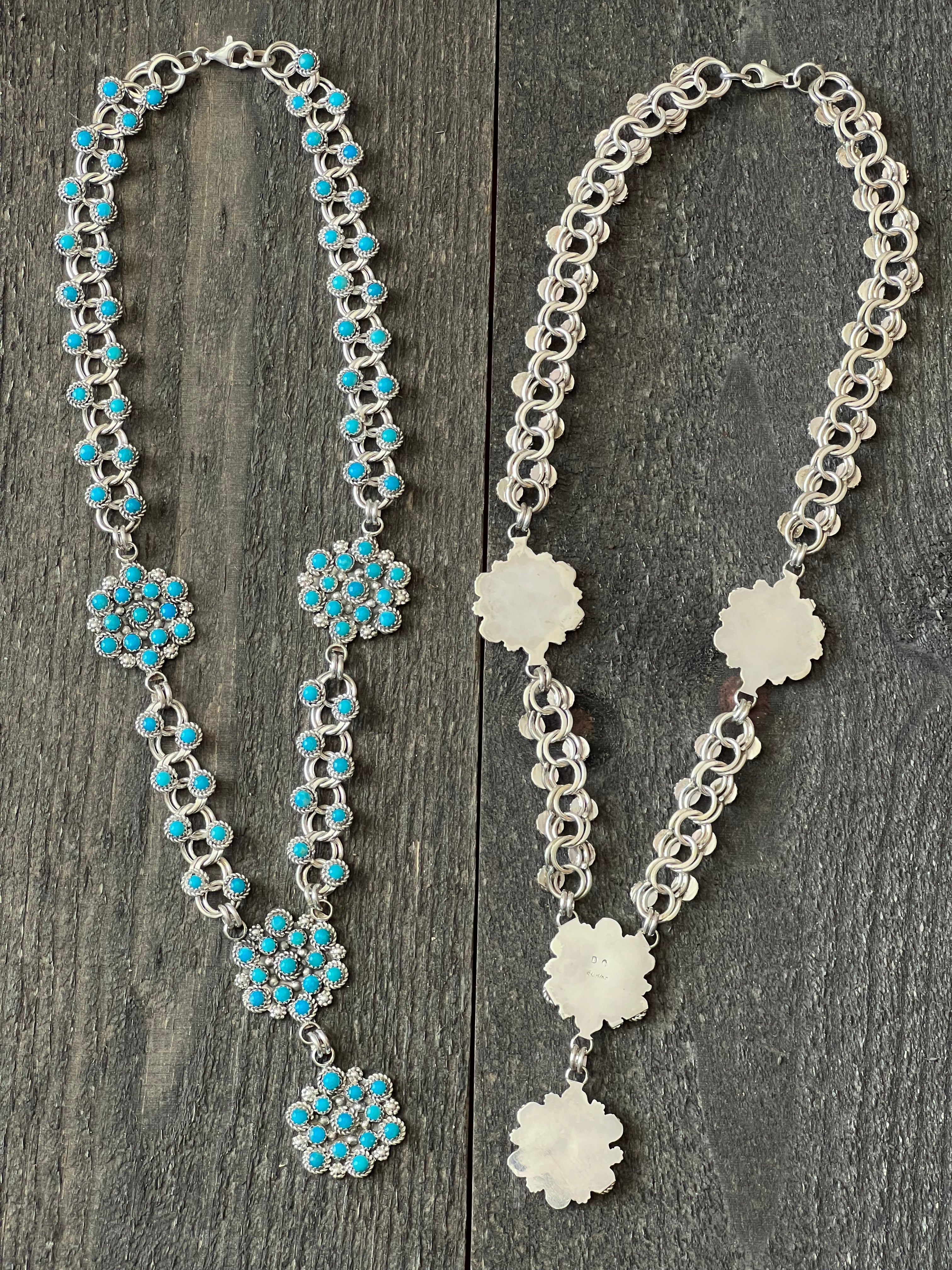 Handcrafted Sterling and Snake Eye Turquoise Link and Cluster Necklace by Dillon Cheama