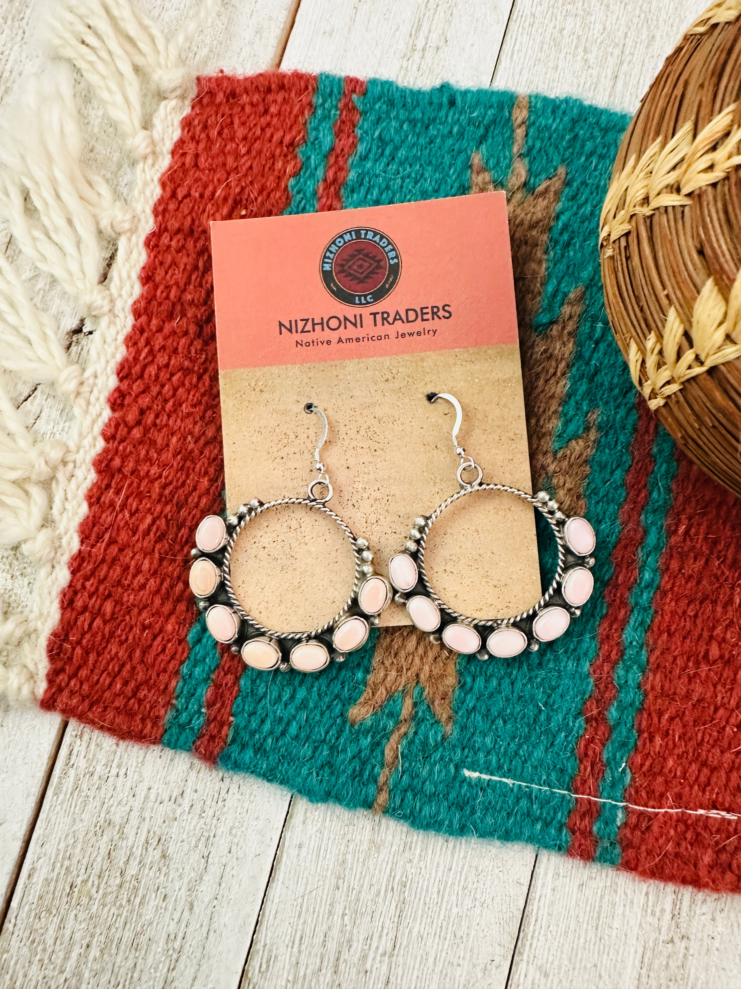 Navajo Queen Pink Conch & Sterling Silver Circle Dangle Earrings Signed