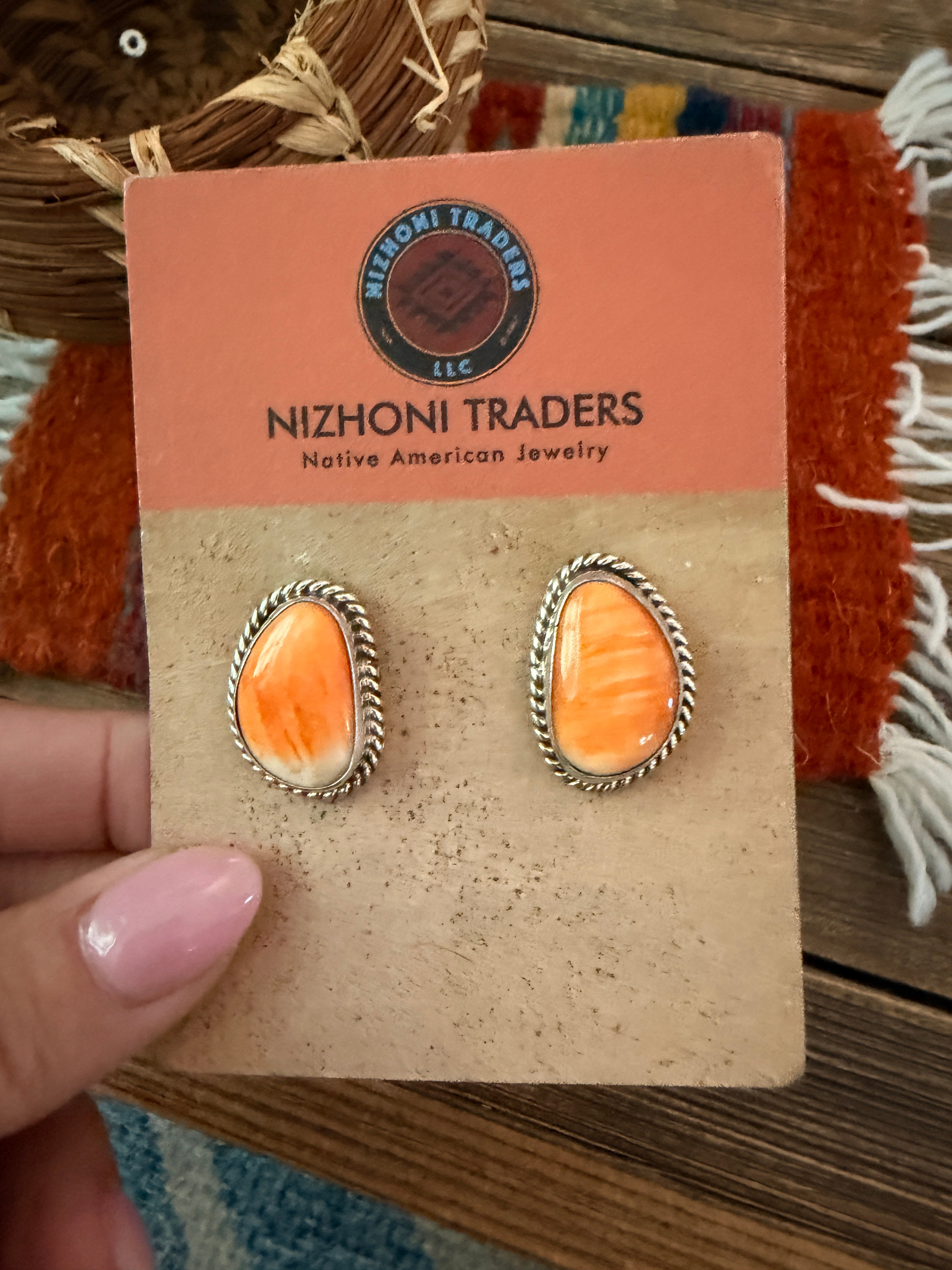 Handcrafted Orange Spiny & Sterling Silver Stud Earrings