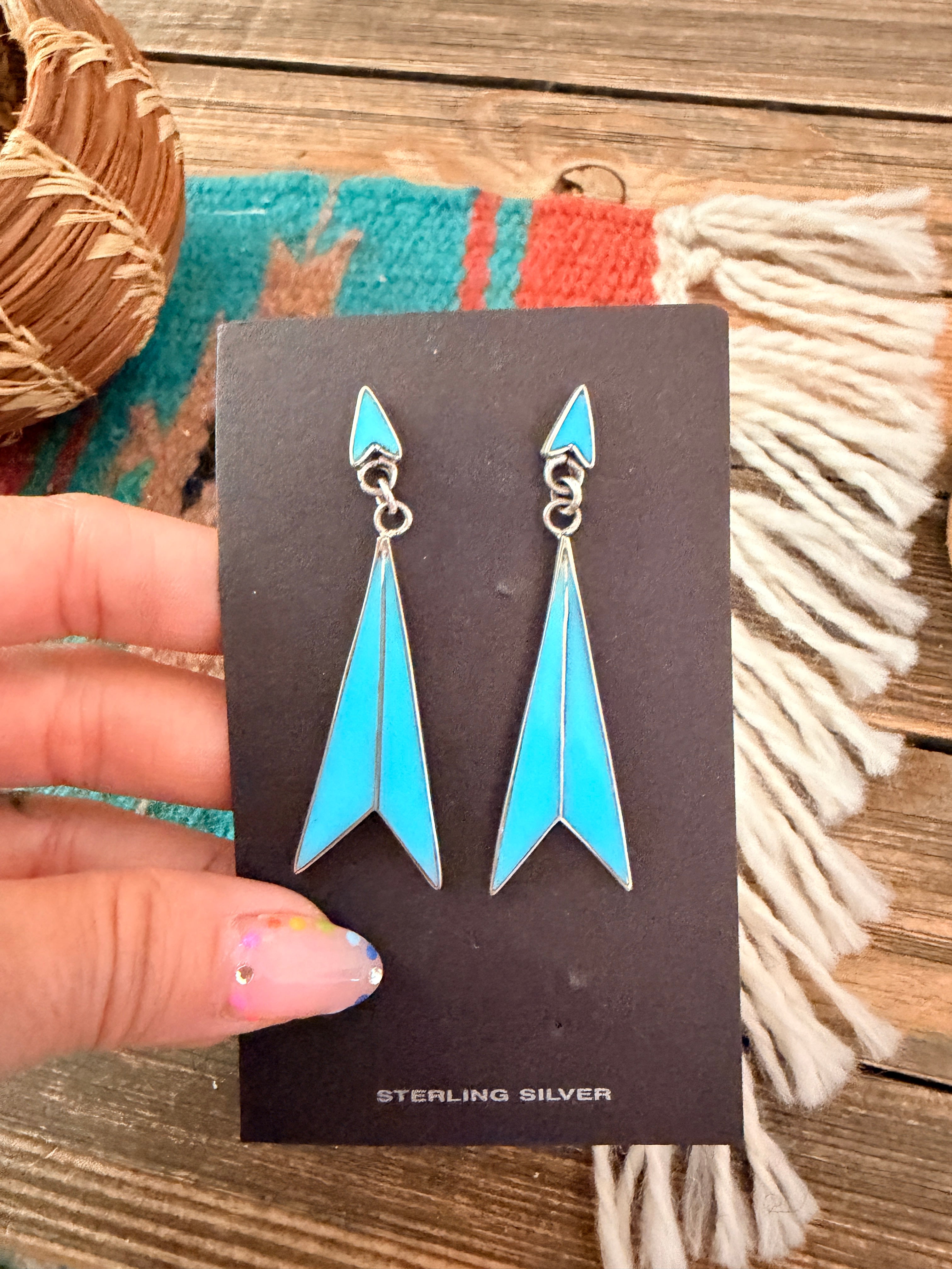 Old Pawn Handcrafted Sterling Silver & Turquoise Inlay Dangle Earrings