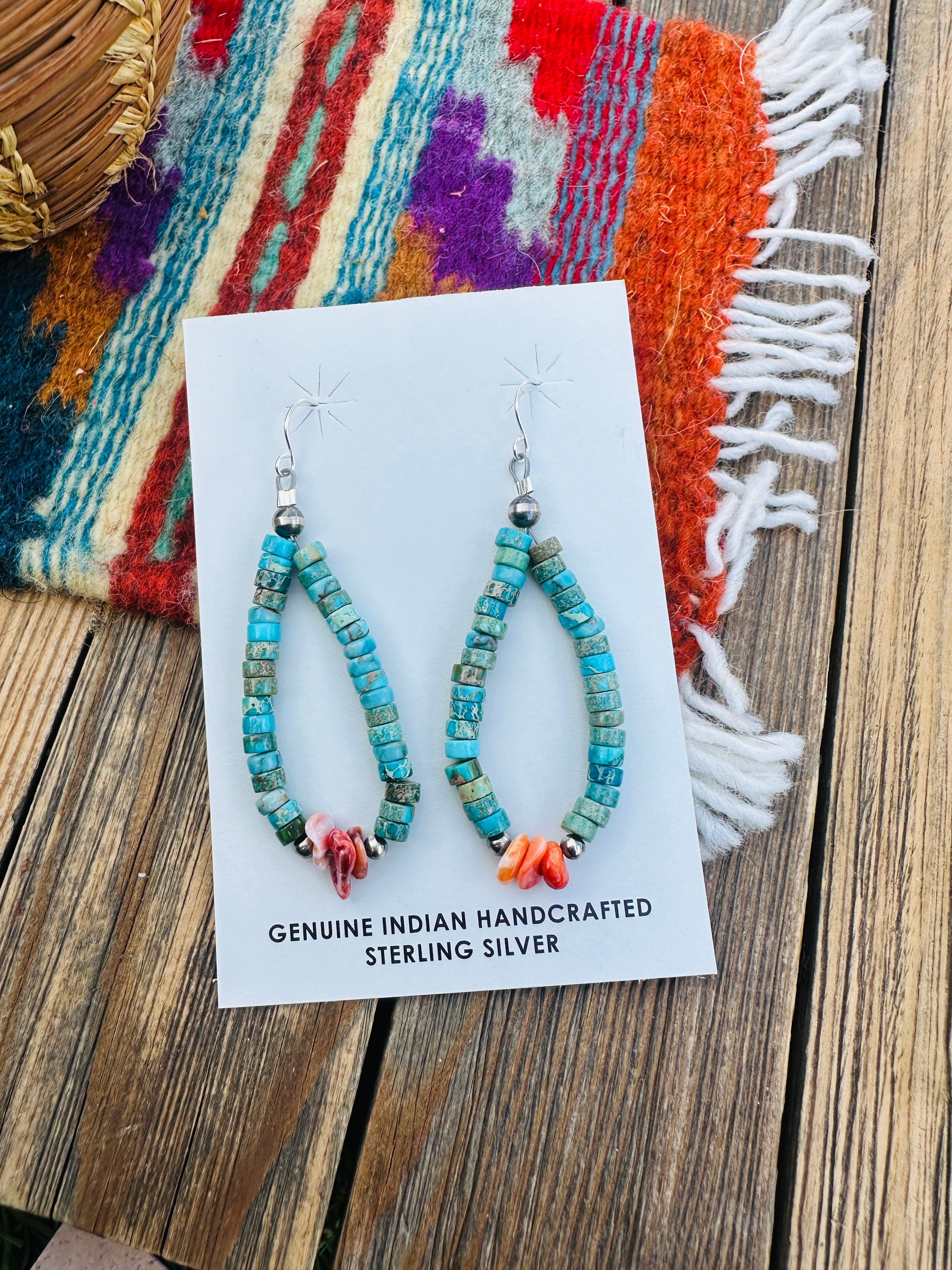 Handcrafted Turquoise, Orange Spiny & Sterling Silver Beaded Dangle Hoop Earrings