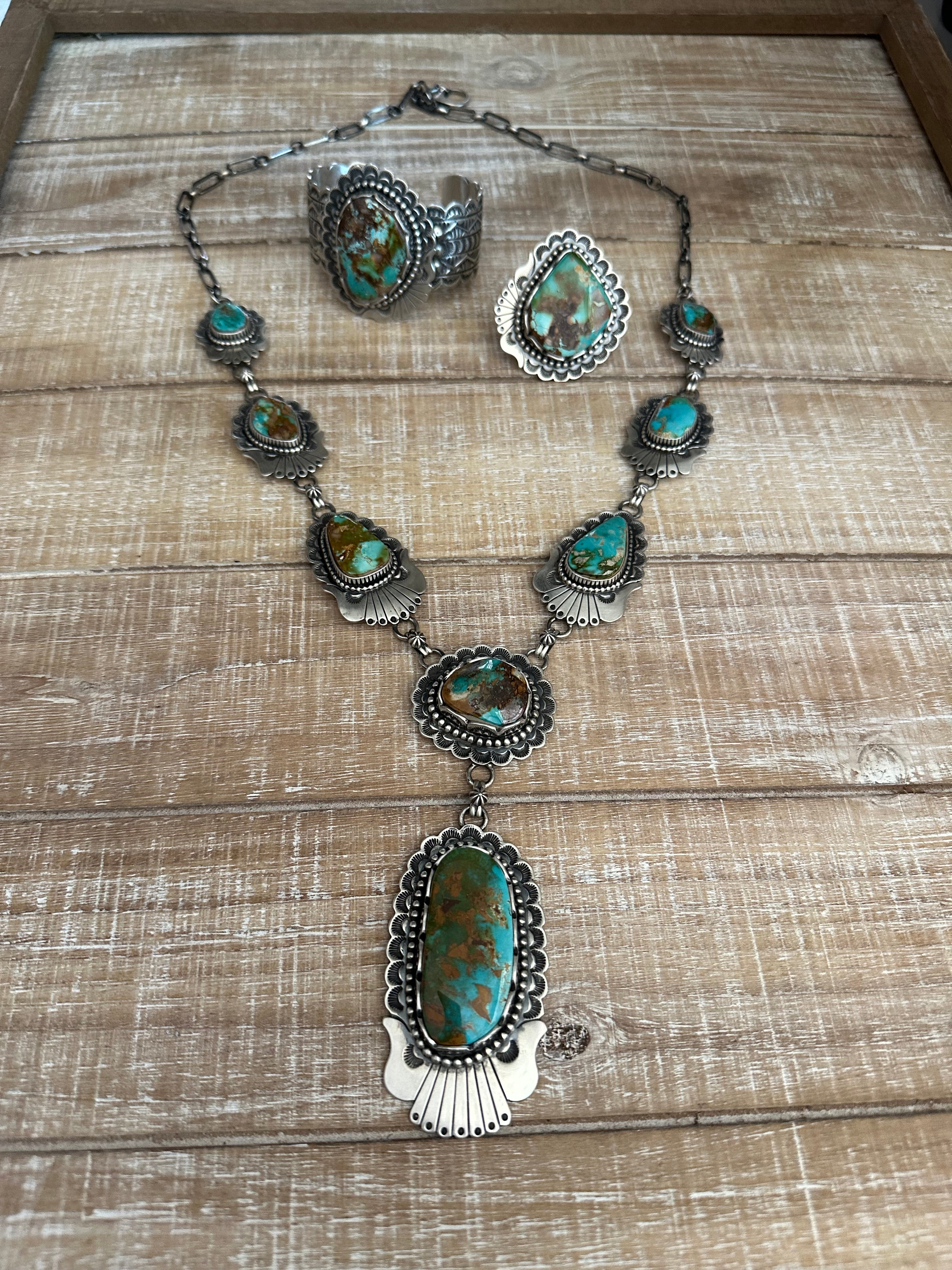 Charles Johnson Navajo Royston Turquoise & Sterling Silver Necklace, Bracelet and Ring Set Signed