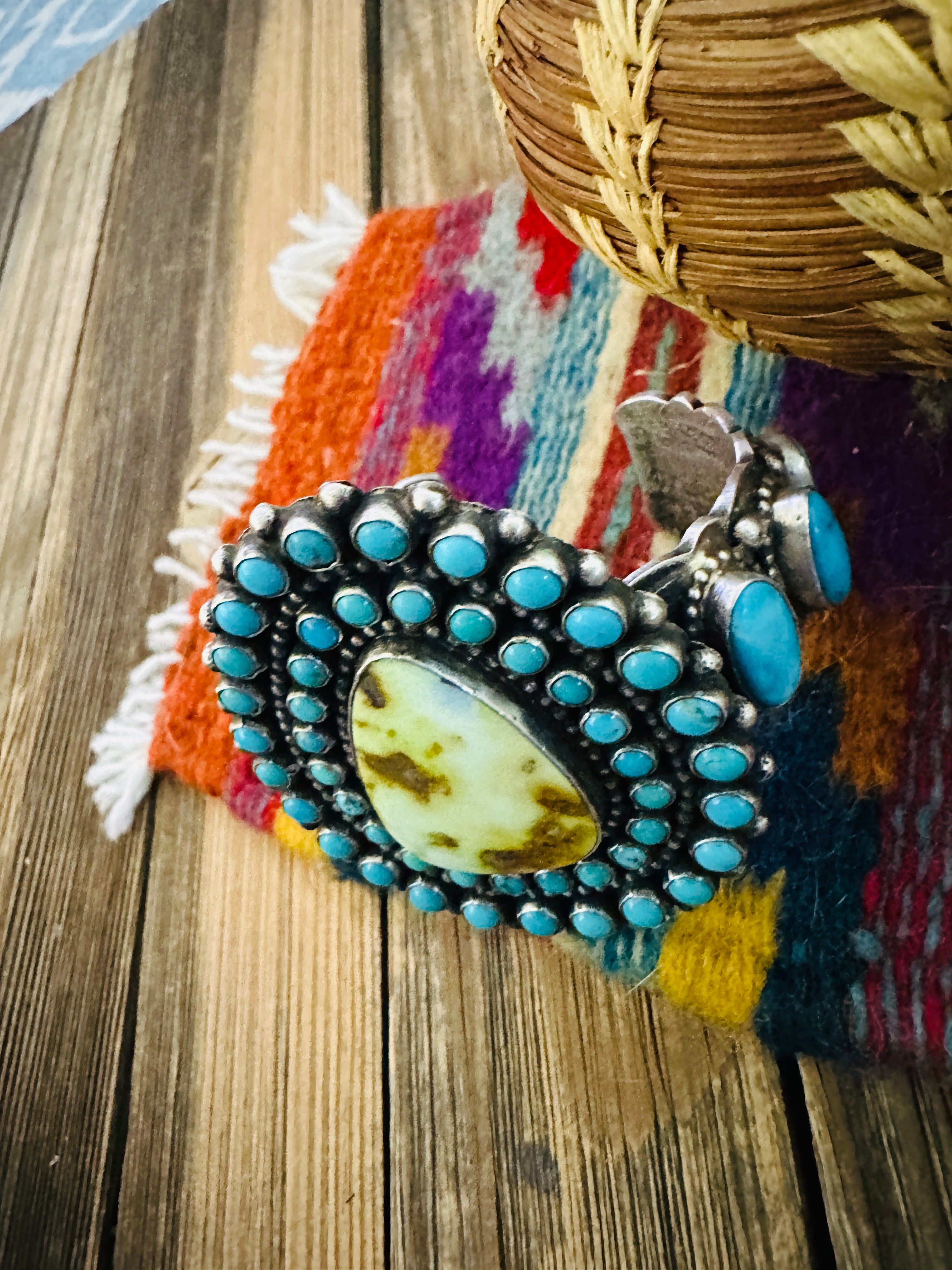 Handcrafted Sterling Silver & Turquoise Cluster Cuff Bracelet by Shawn Cayatineto
