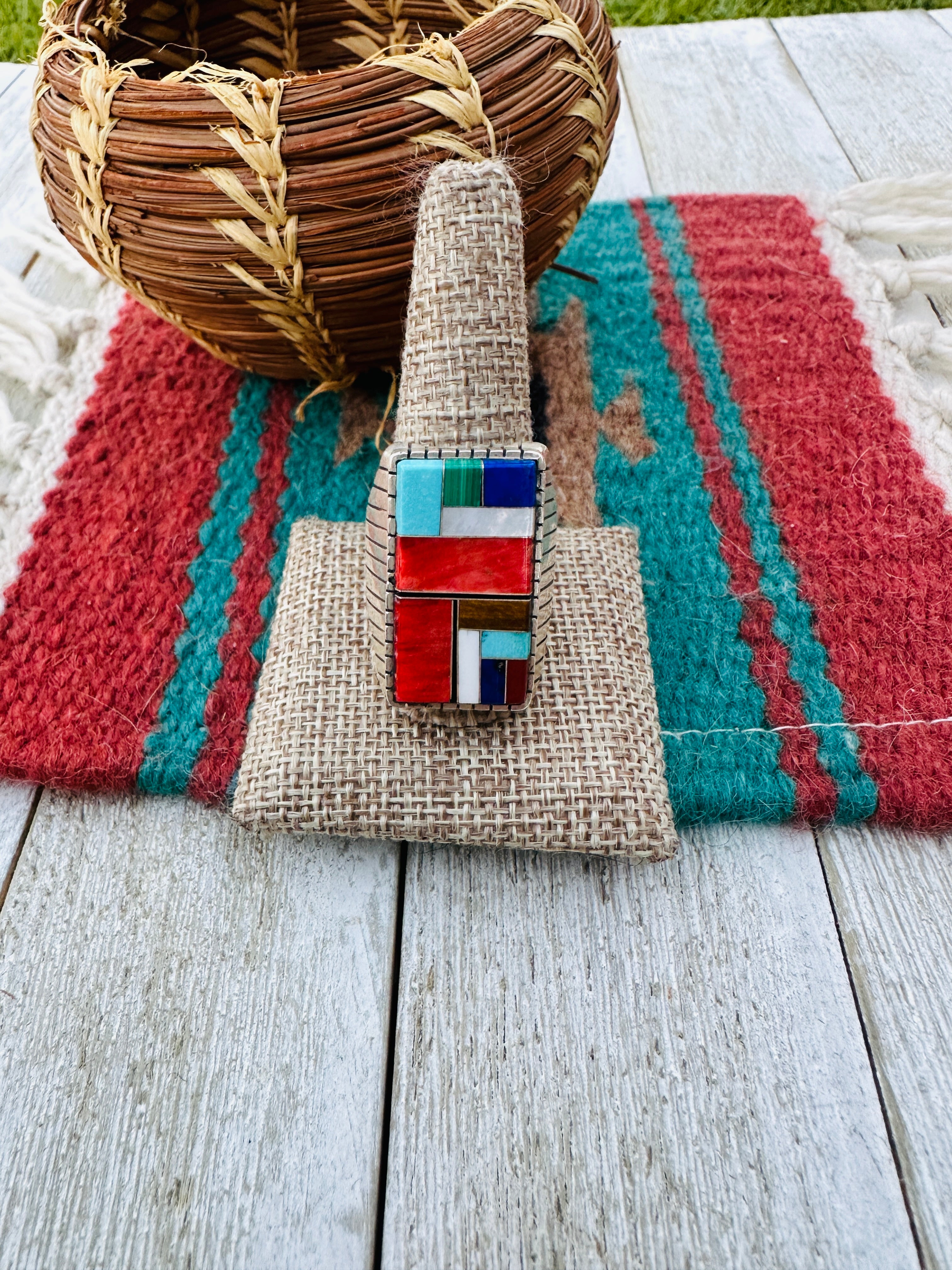 Old Pawn Navajo Sterling Silver & Multi Stone Inlay Ring Size 12.5