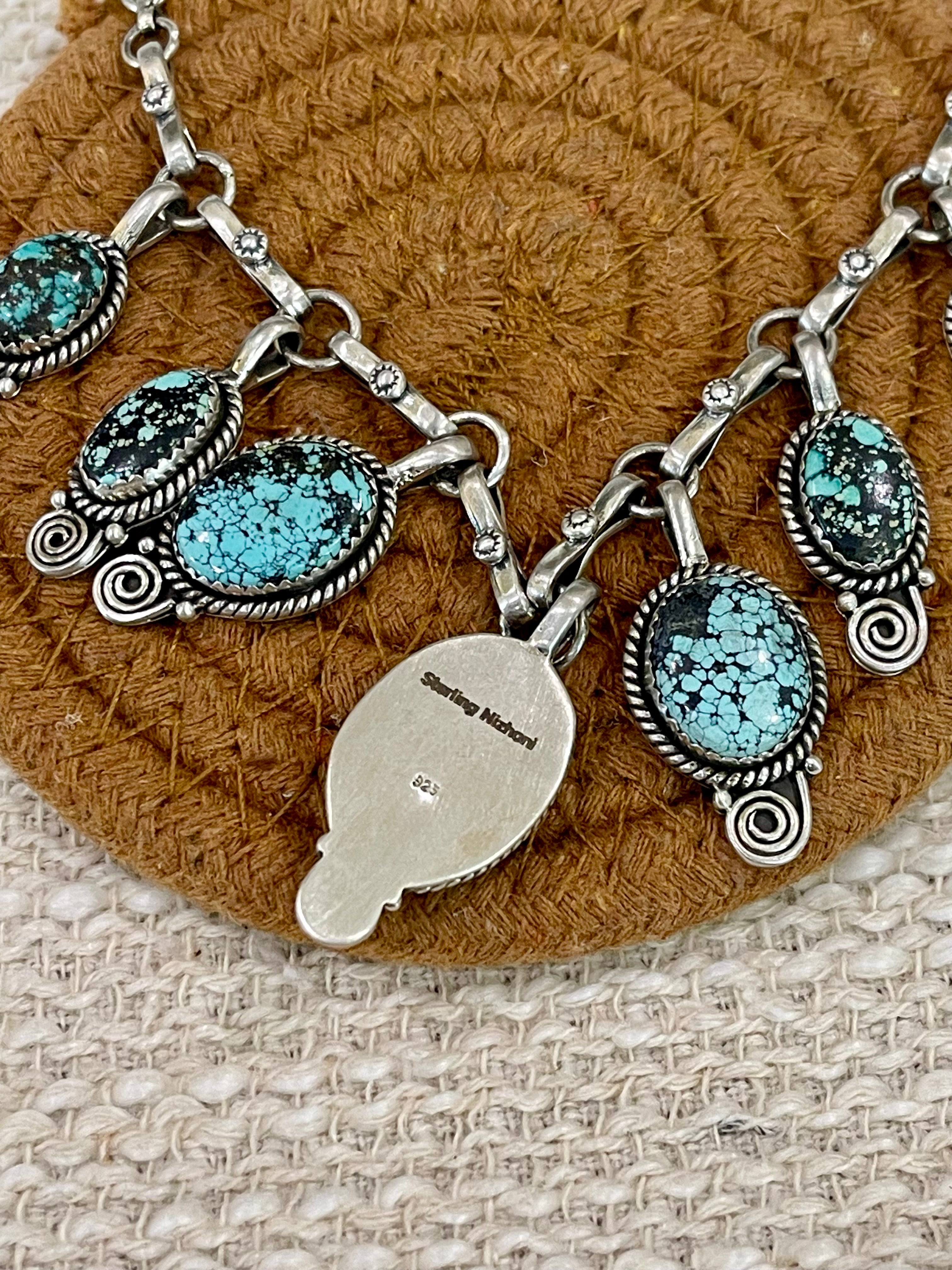 Handmade Sterling Silver Number 8 Turquoise Necklace with Signed Nizhoni