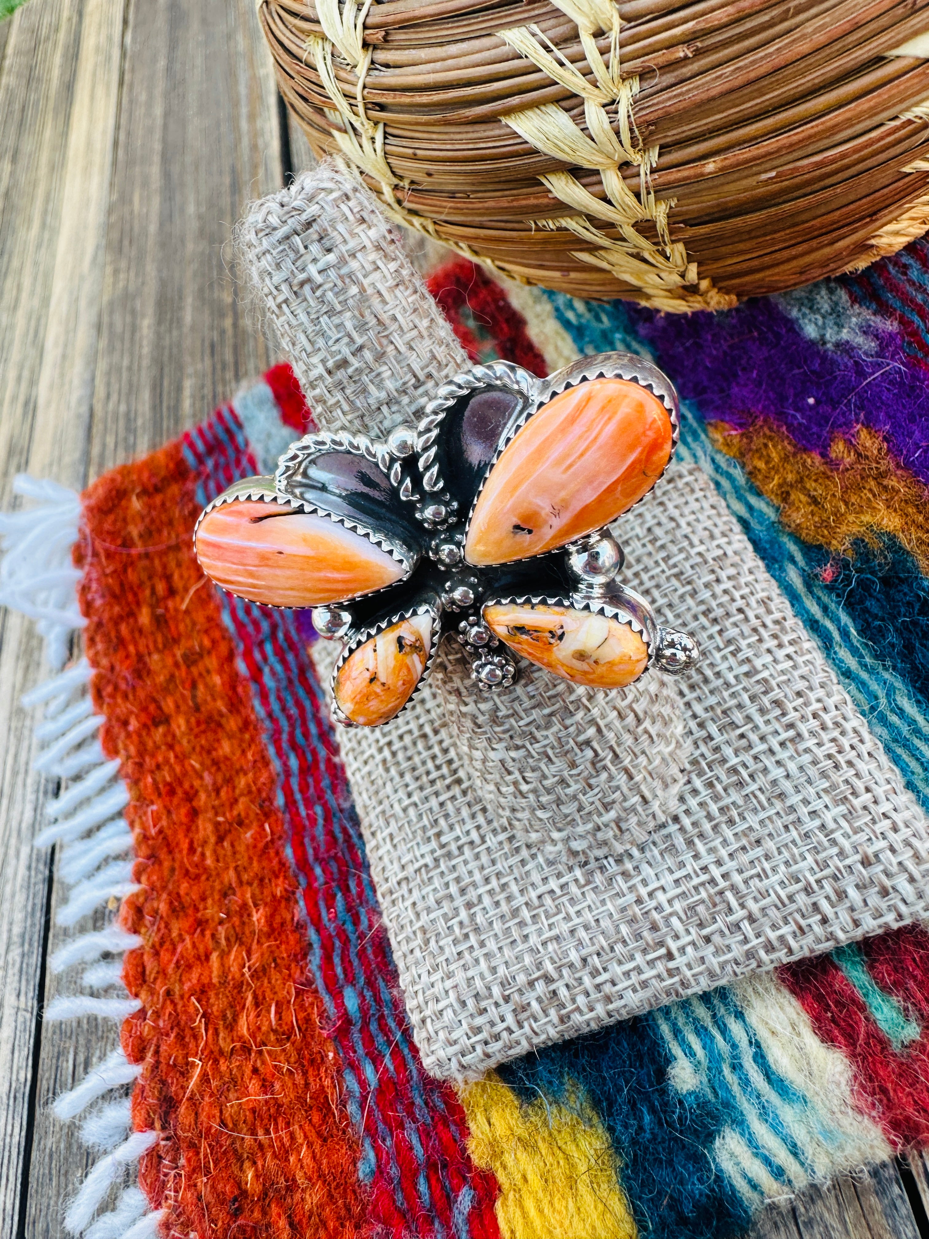 Handcrafted Spiny Oyster & Sterling Silver Dragonfly Ring