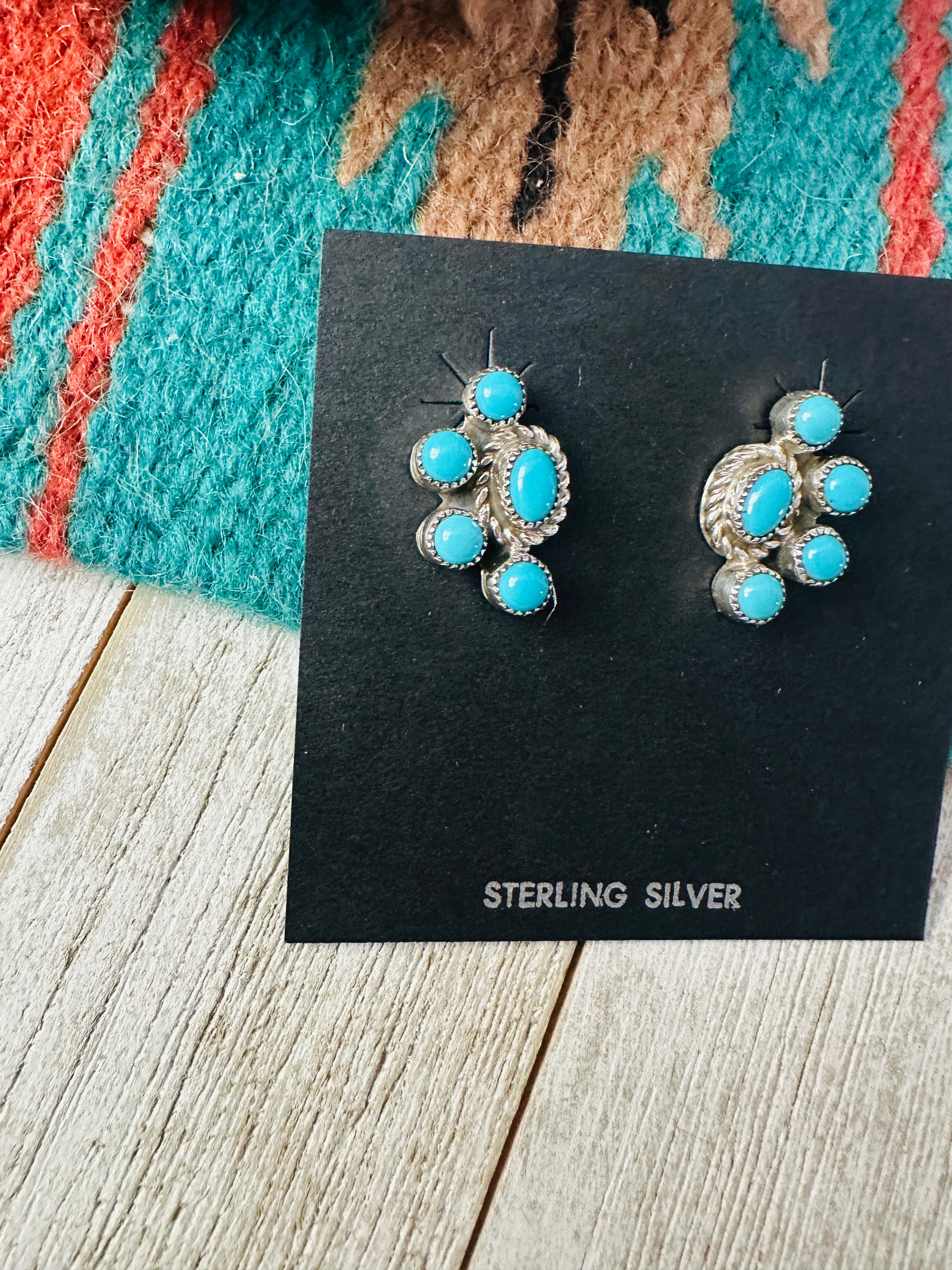 Navajo Sterling Silver & Turquoise Cluster Stud Earrings