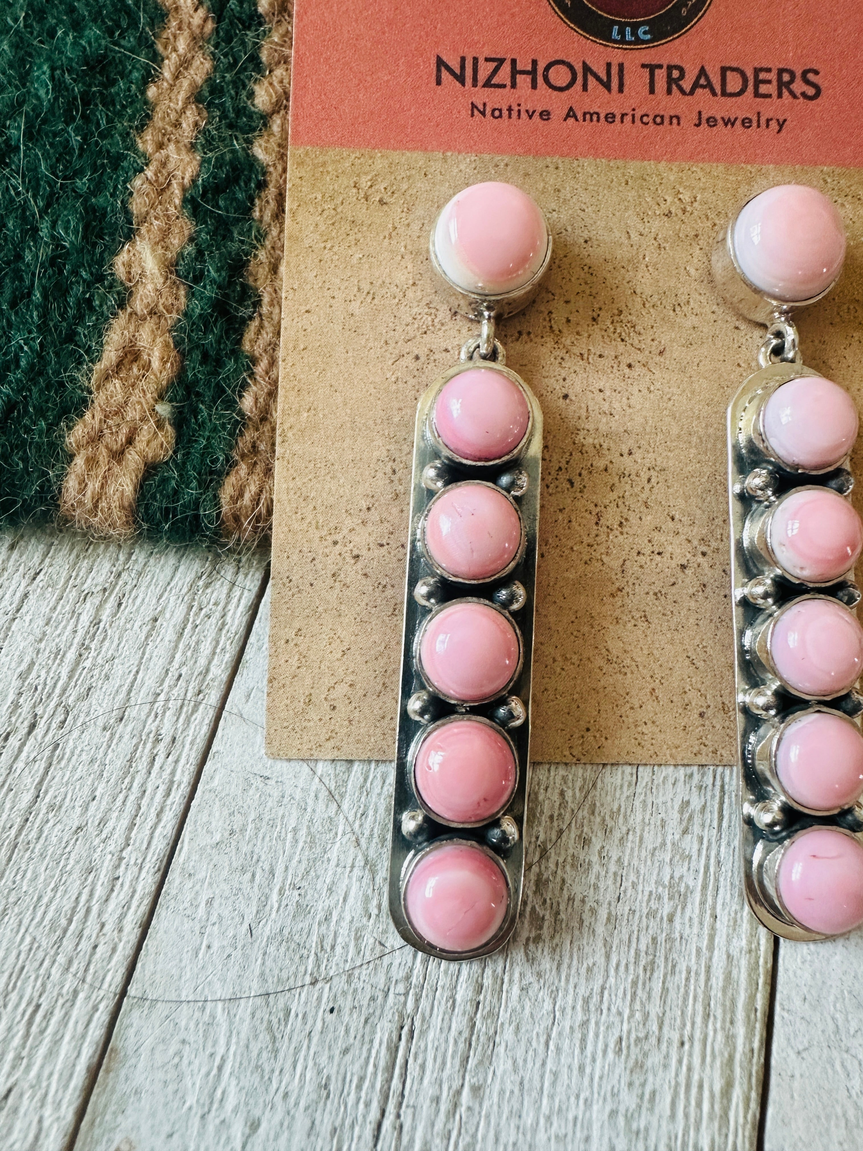 Navajo Sterling Silver & Queen Pink Conch Dangle Earrings