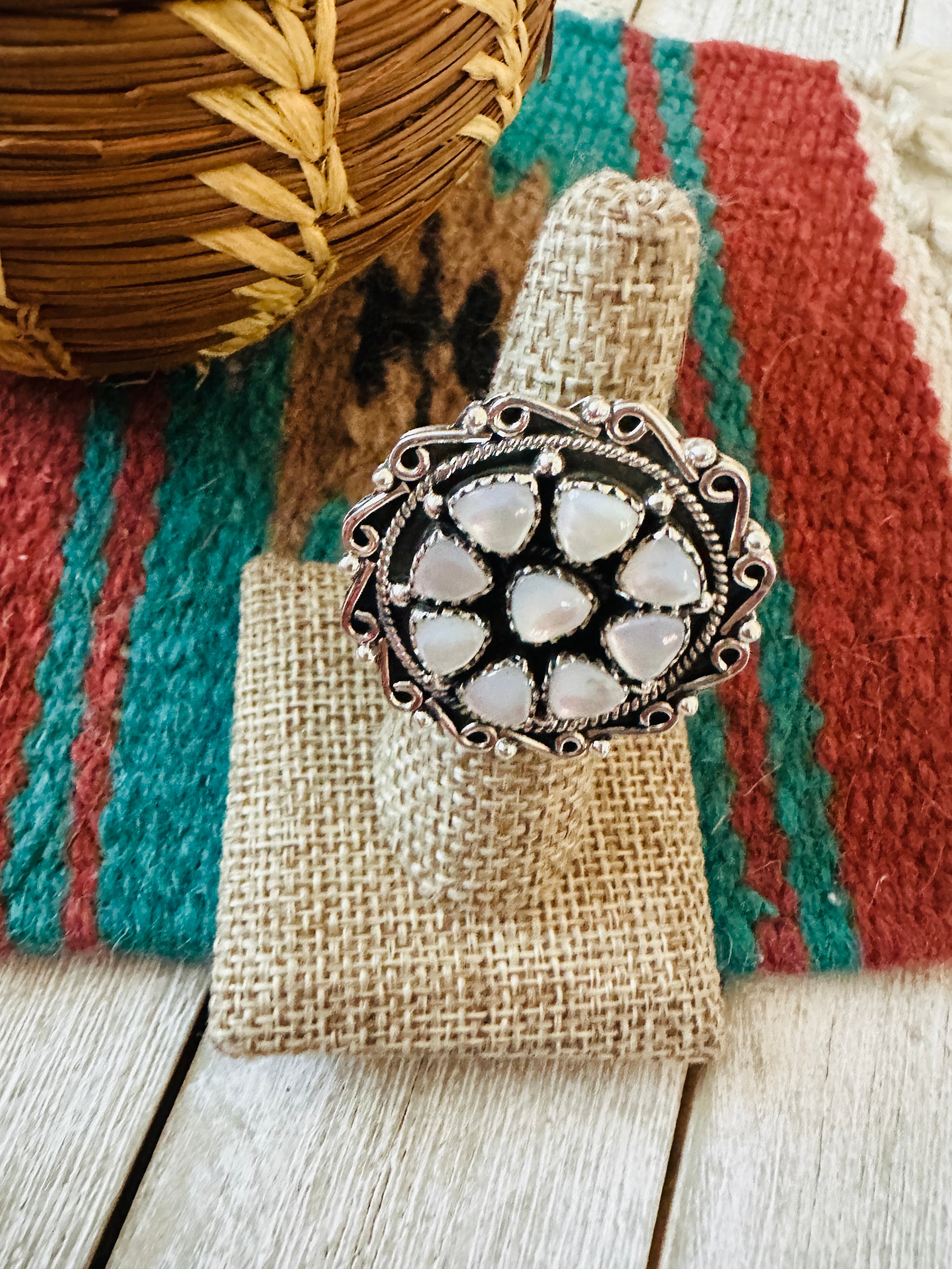 ** Christmas Collection ** Handmade Sterling Silver & Mother of Pearl Adjustable Ring Signed Nizhoni