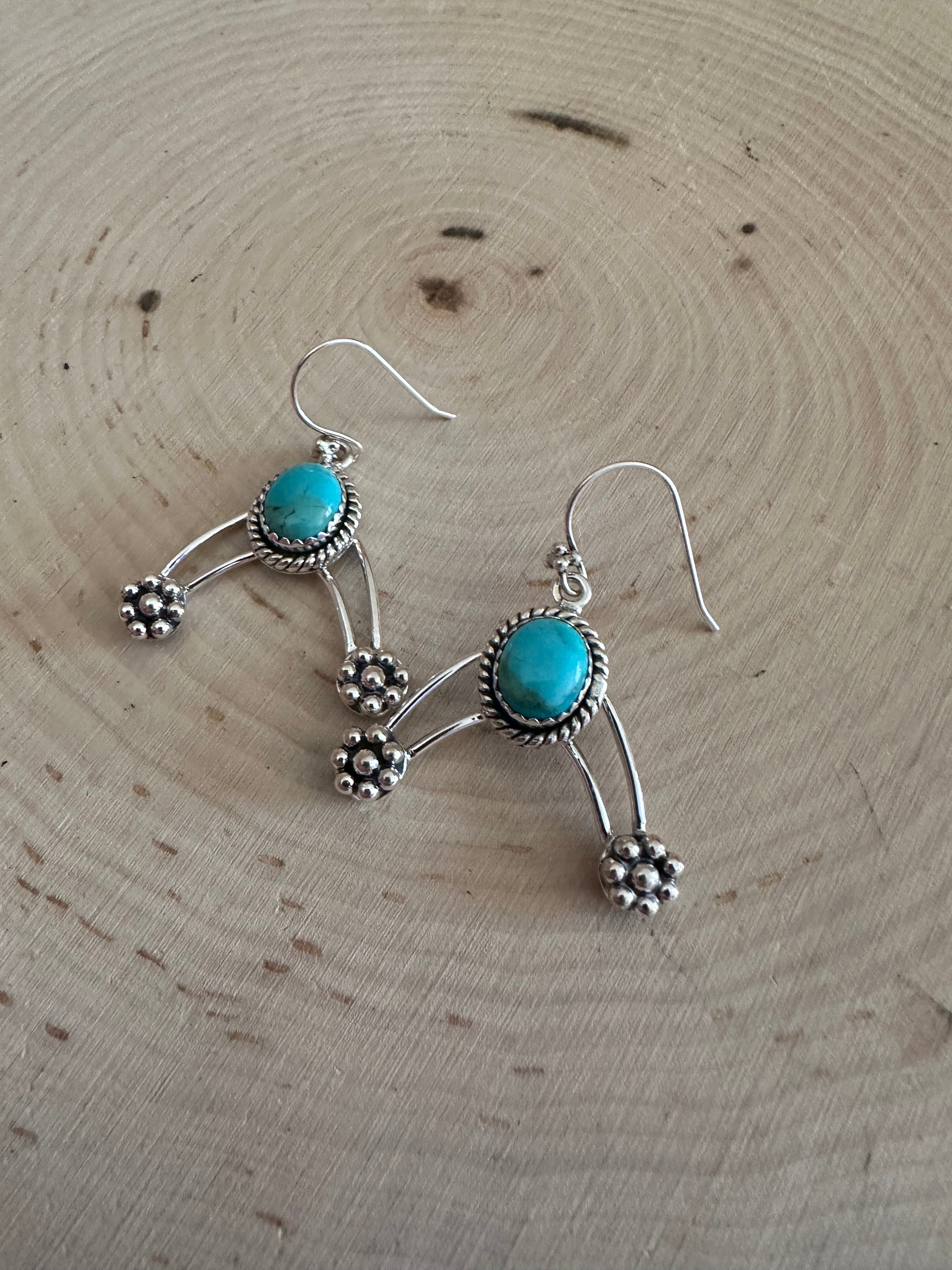 Gorgeous Natural Turquoise and Sterling Silver Wire Dangles Signed Nizhoni