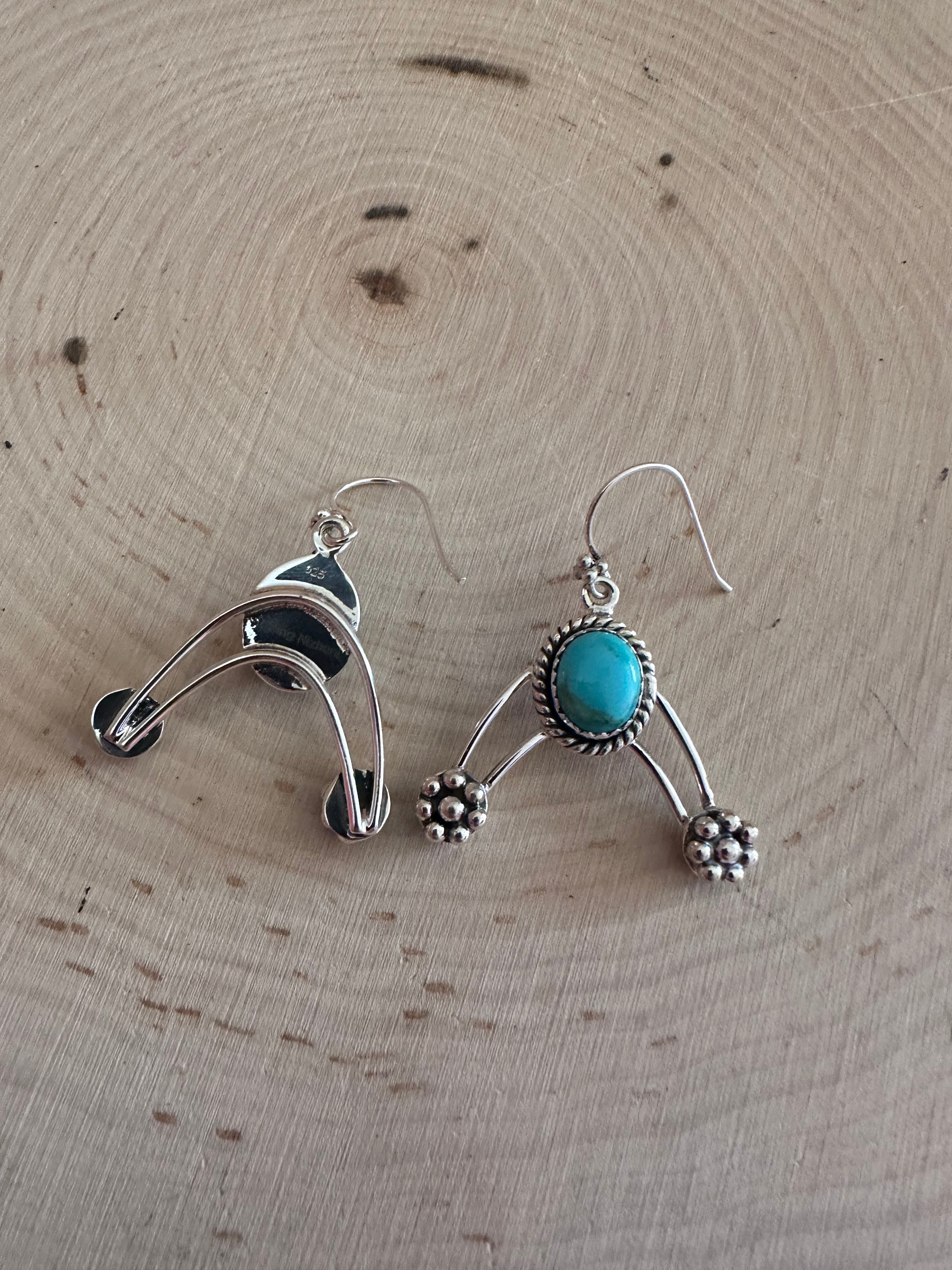 Gorgeous Natural Turquoise and Sterling Silver Wire Dangles Signed Nizhoni