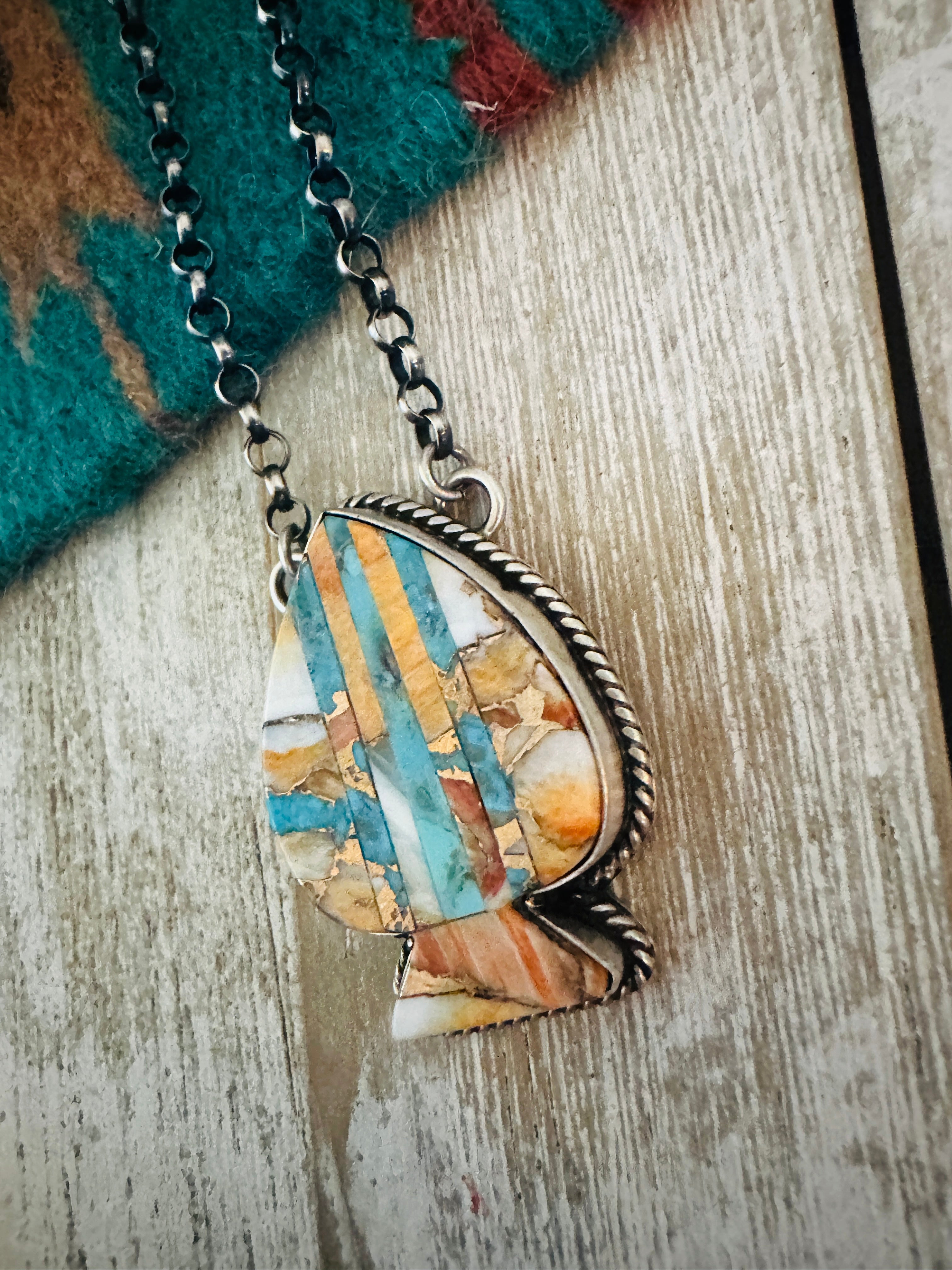 Navajo Sterling Silver & Multi Stone Inlay Spade Necklace