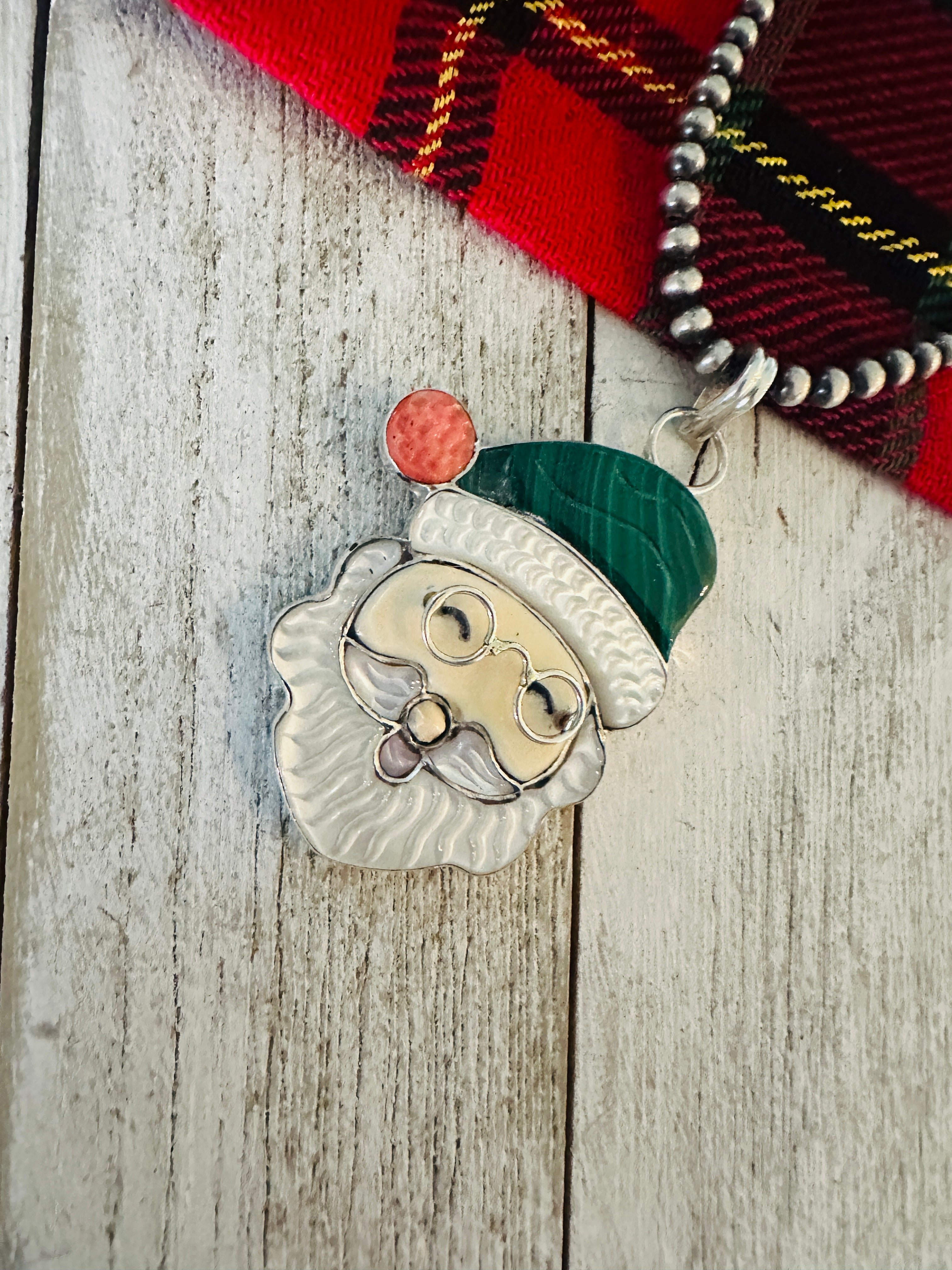 Zuni Multi Stone & Sterling Silver Inlay Santa Claus Pendant