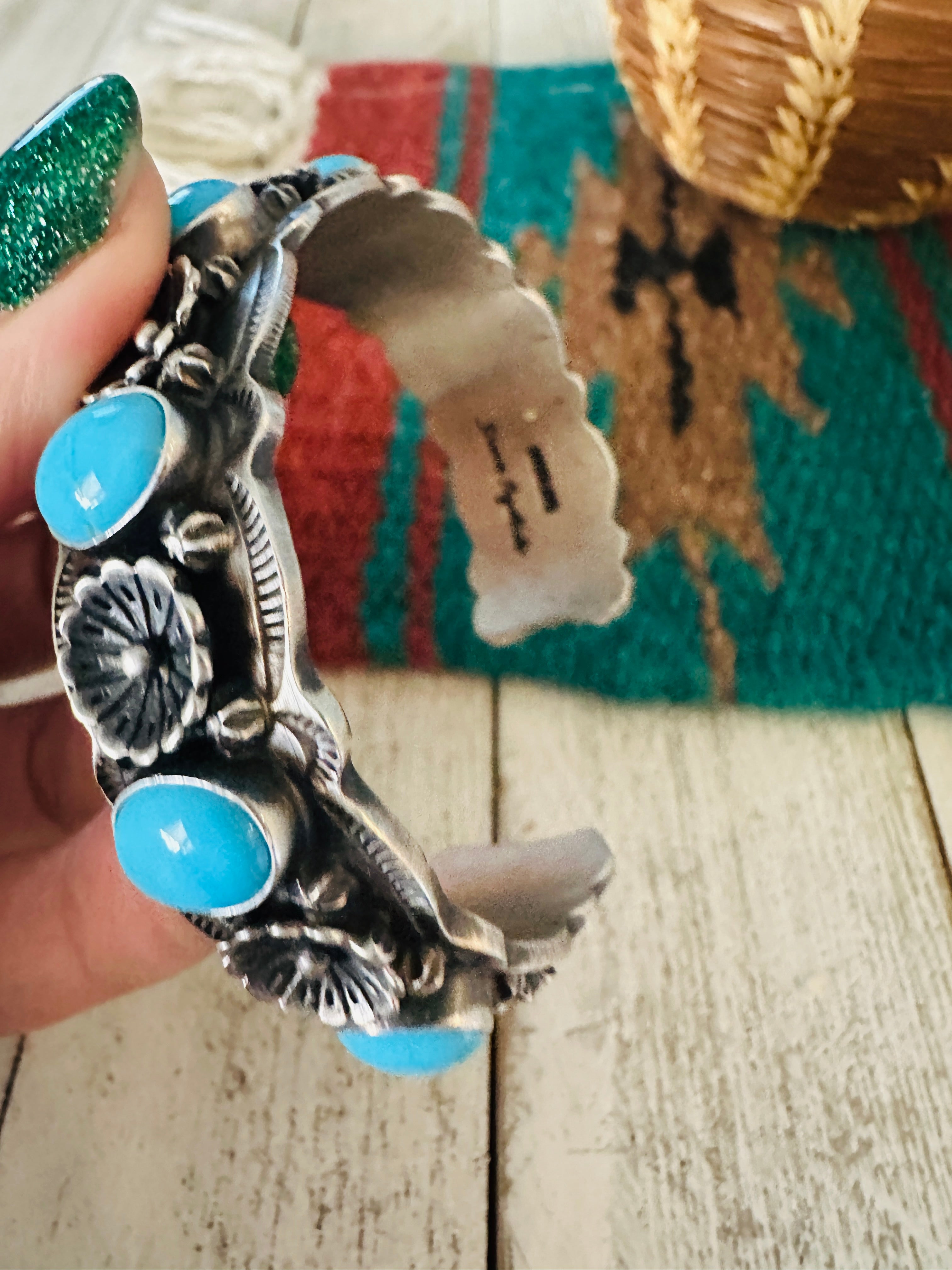 Navajo Turquoise & Sterling Silver Flower Cuff Bracelet