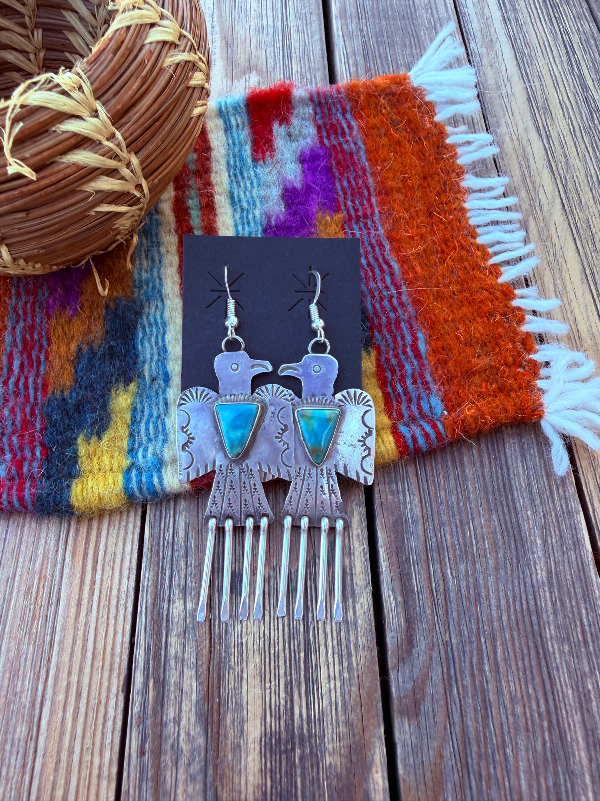 Handcrafted Sterling Silver & Turquoise Thunderbird Dangle Earrings by Vernon Begay