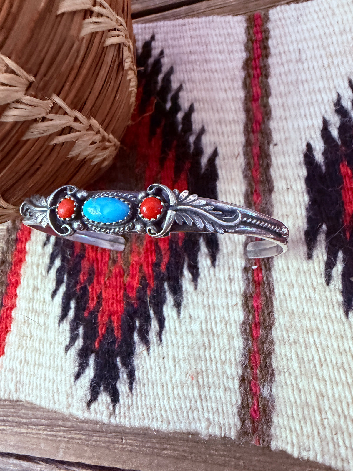 Handcrafted Turquoise, Coral & Sterling Silver Cuff Bracelet