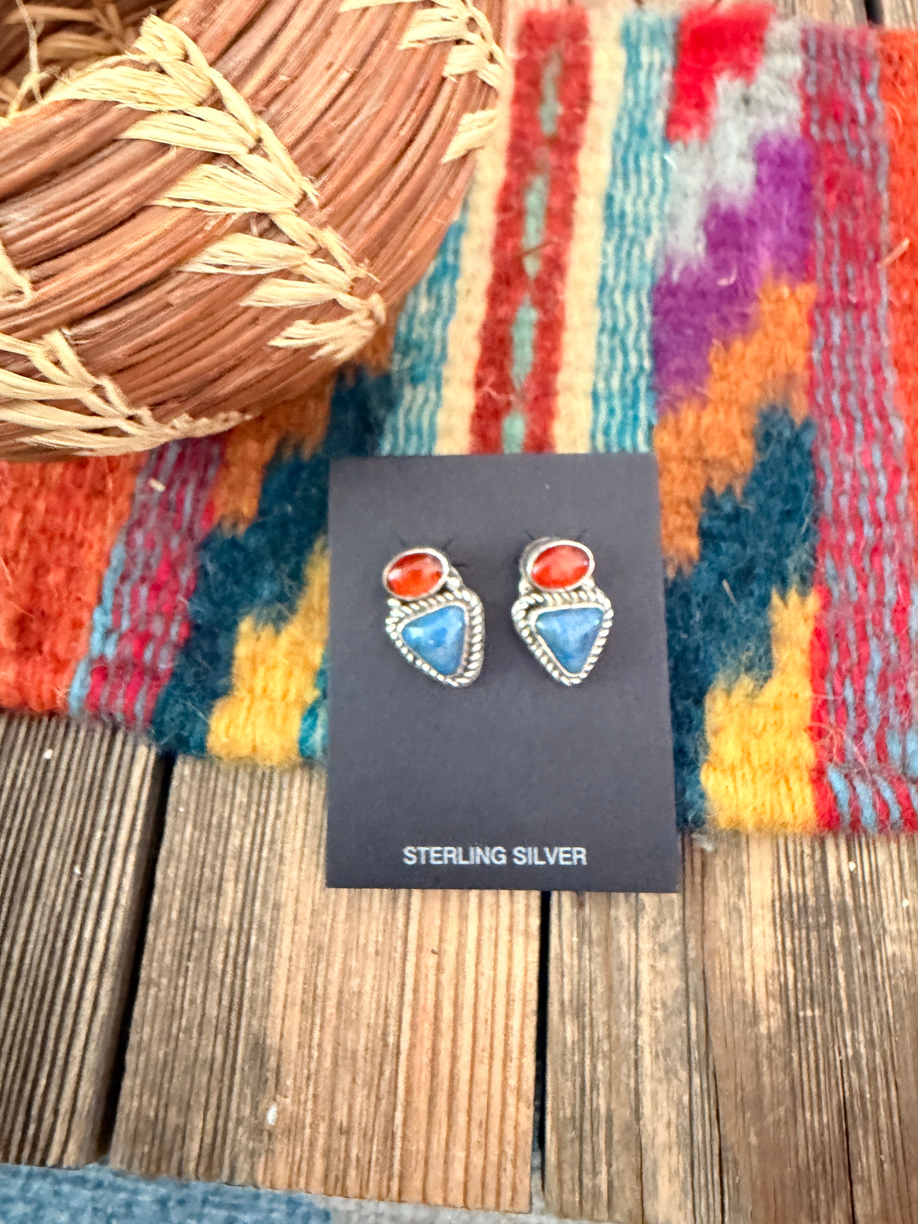 Handcrafted Lapis, Carnelian & Sterling Silver Post Earrings