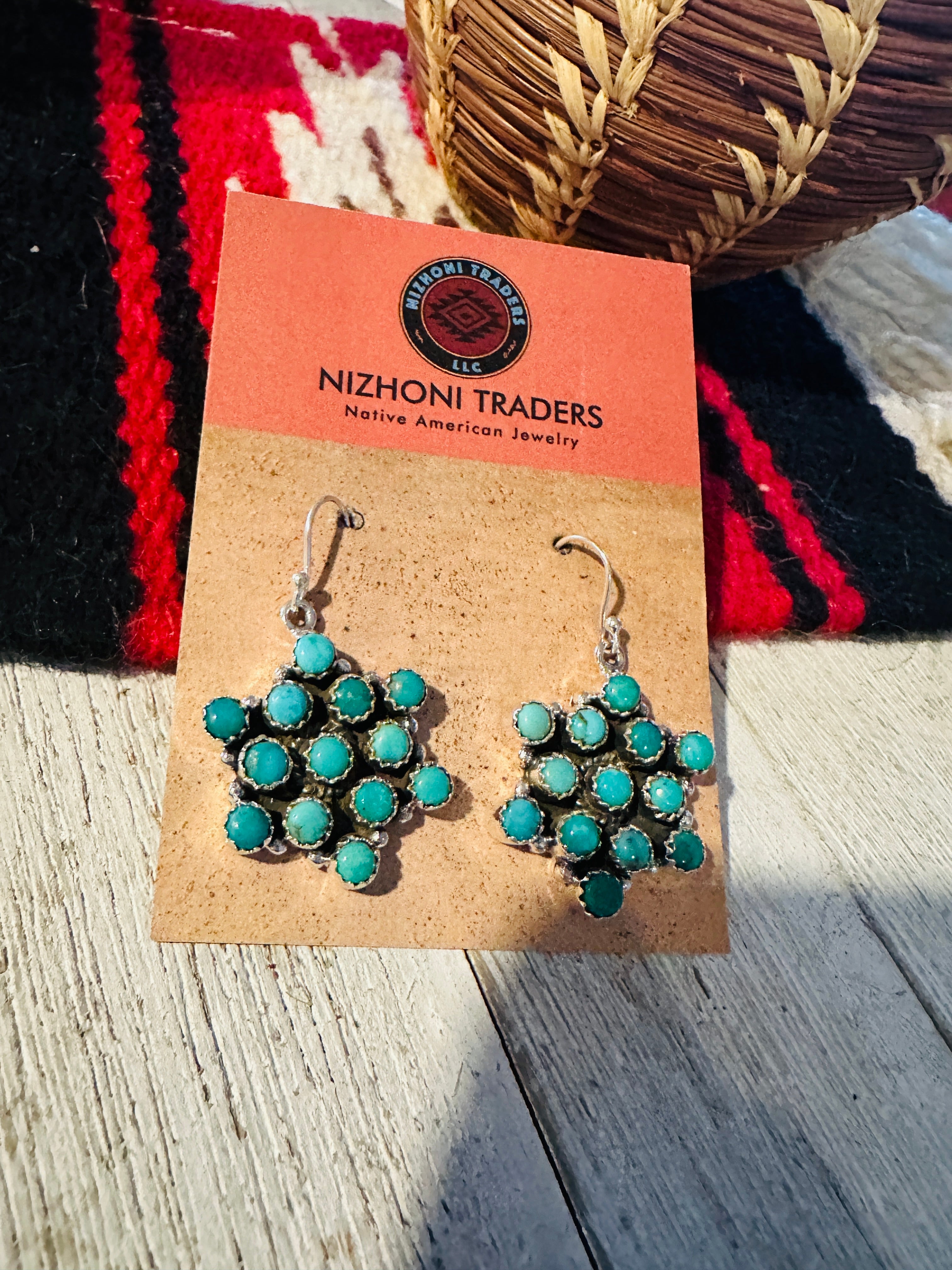 Handmade Turquoise & Sterling Silver Star Wire Dangle Earrings Signed Nizhoni