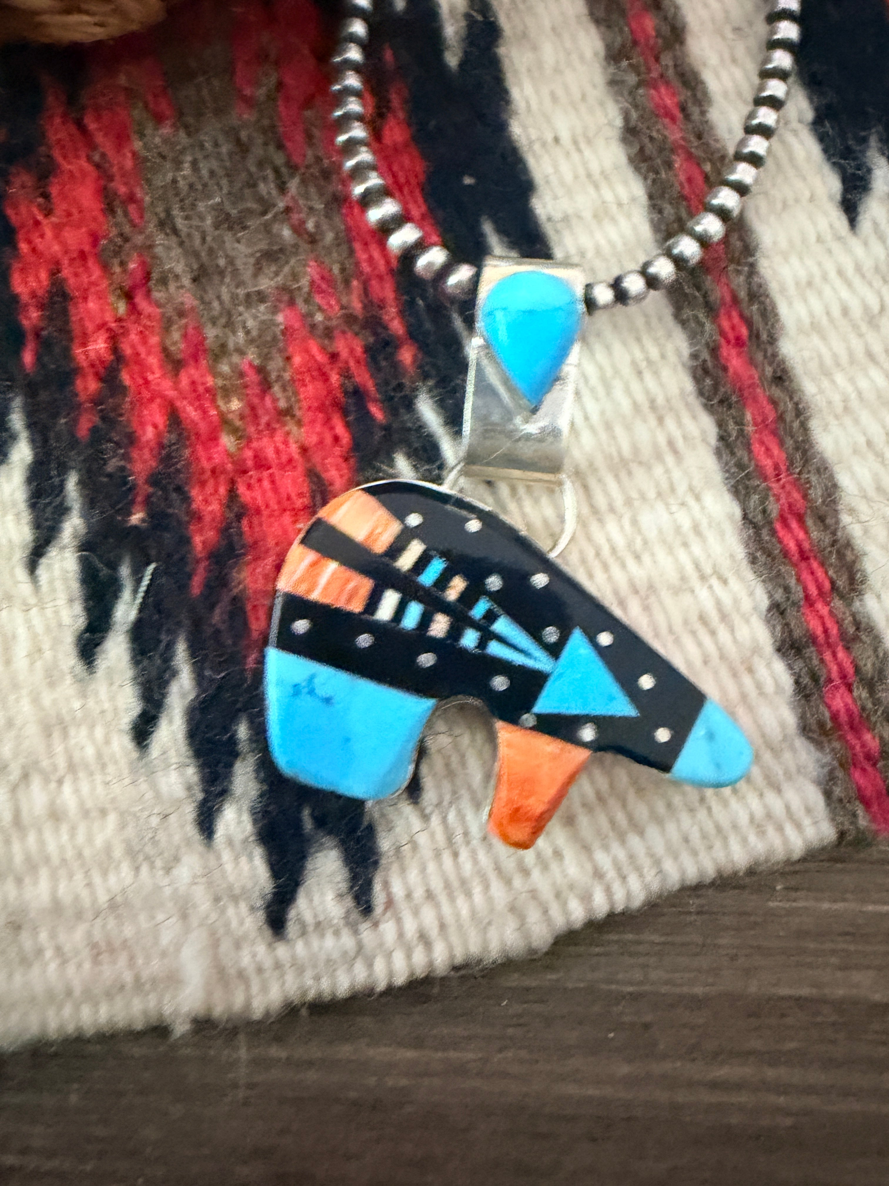 Handcrafted Sterling Silver and Multi Stone Inlay Bear Pendant by Ray Jack