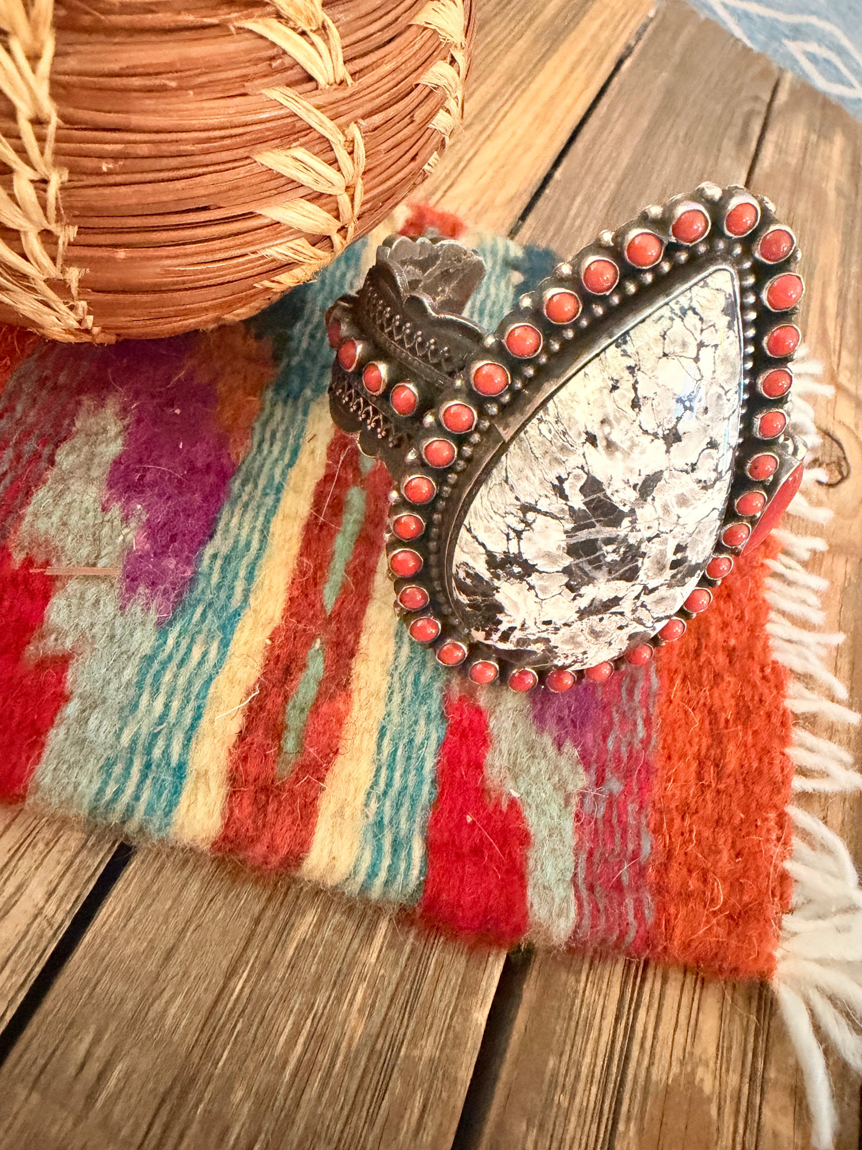 Handcrafted Sterling Silver, White Buffalo & Coral Cuff Bracelet by Shawn Cayatineto