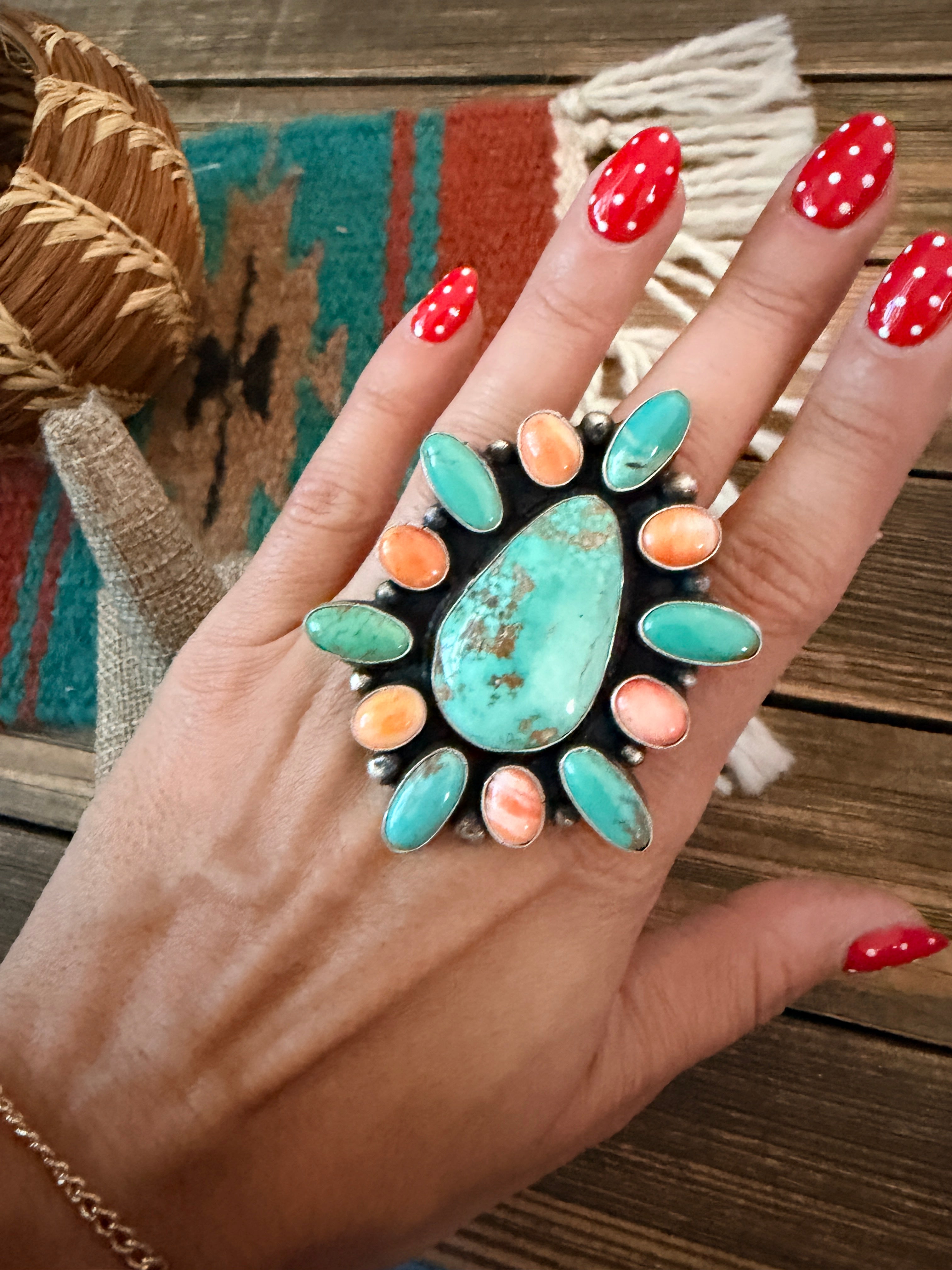 Handcrafted Spiny Oyster, Turquoise & Sterling Silver Cluster Ring by Sheila Becenti Size 12