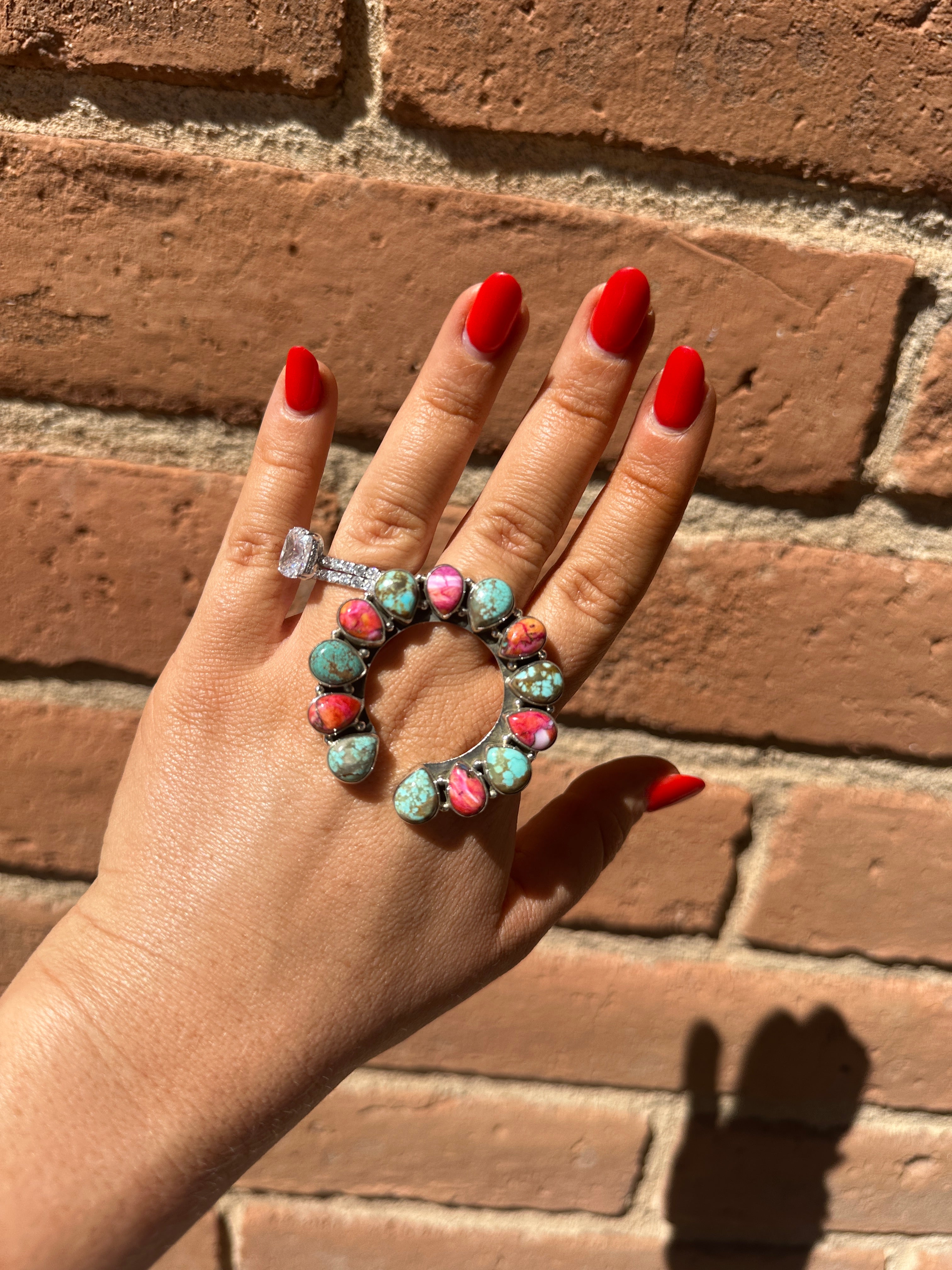 Beautiful Handmade Pink Dream Mojave, Number 8 Turquoise And Sterling Silver Adjustable Naja Ring