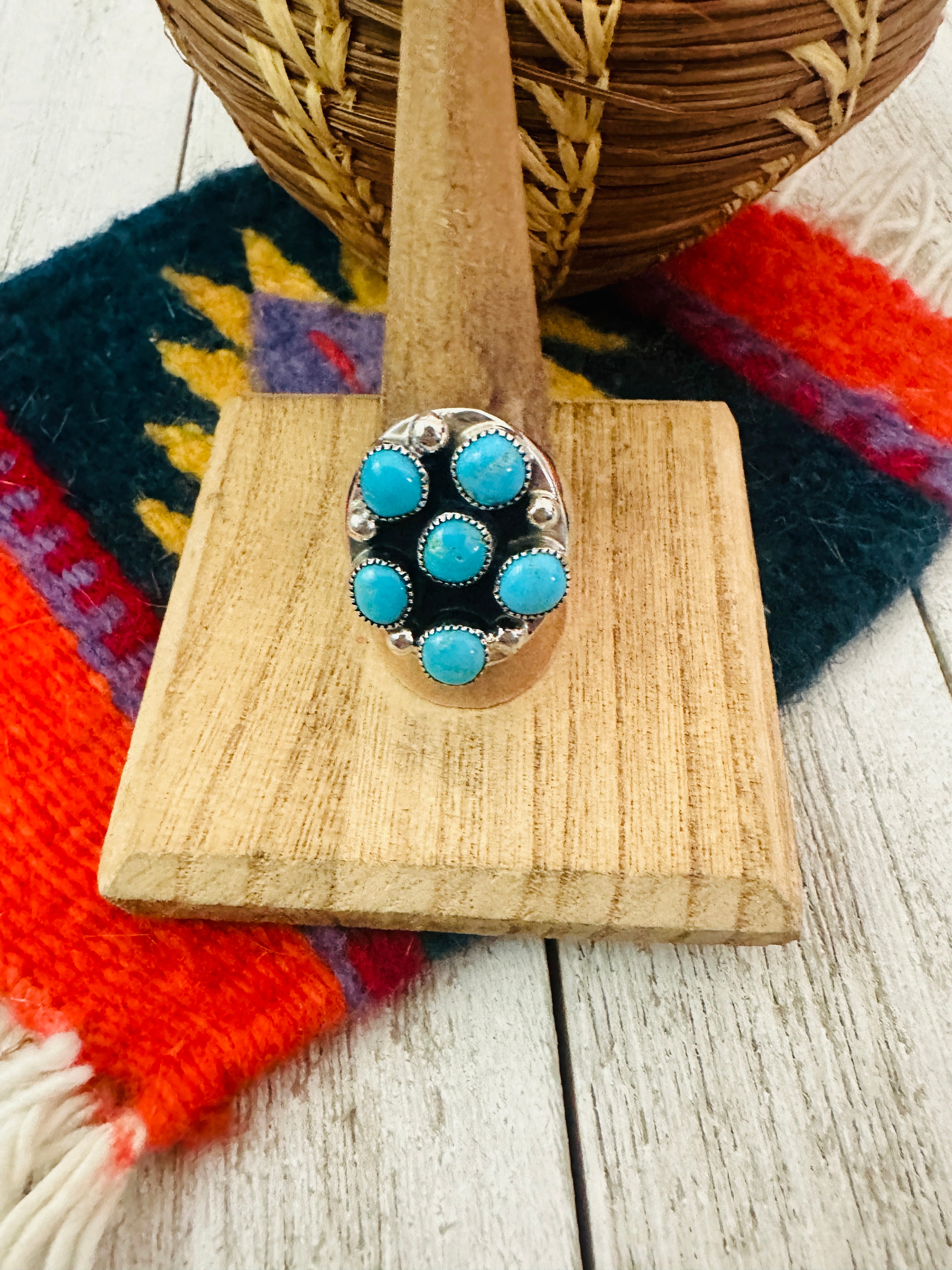 Navajo Turquoise & Sterling Silver Cluster Cigar Band Ring