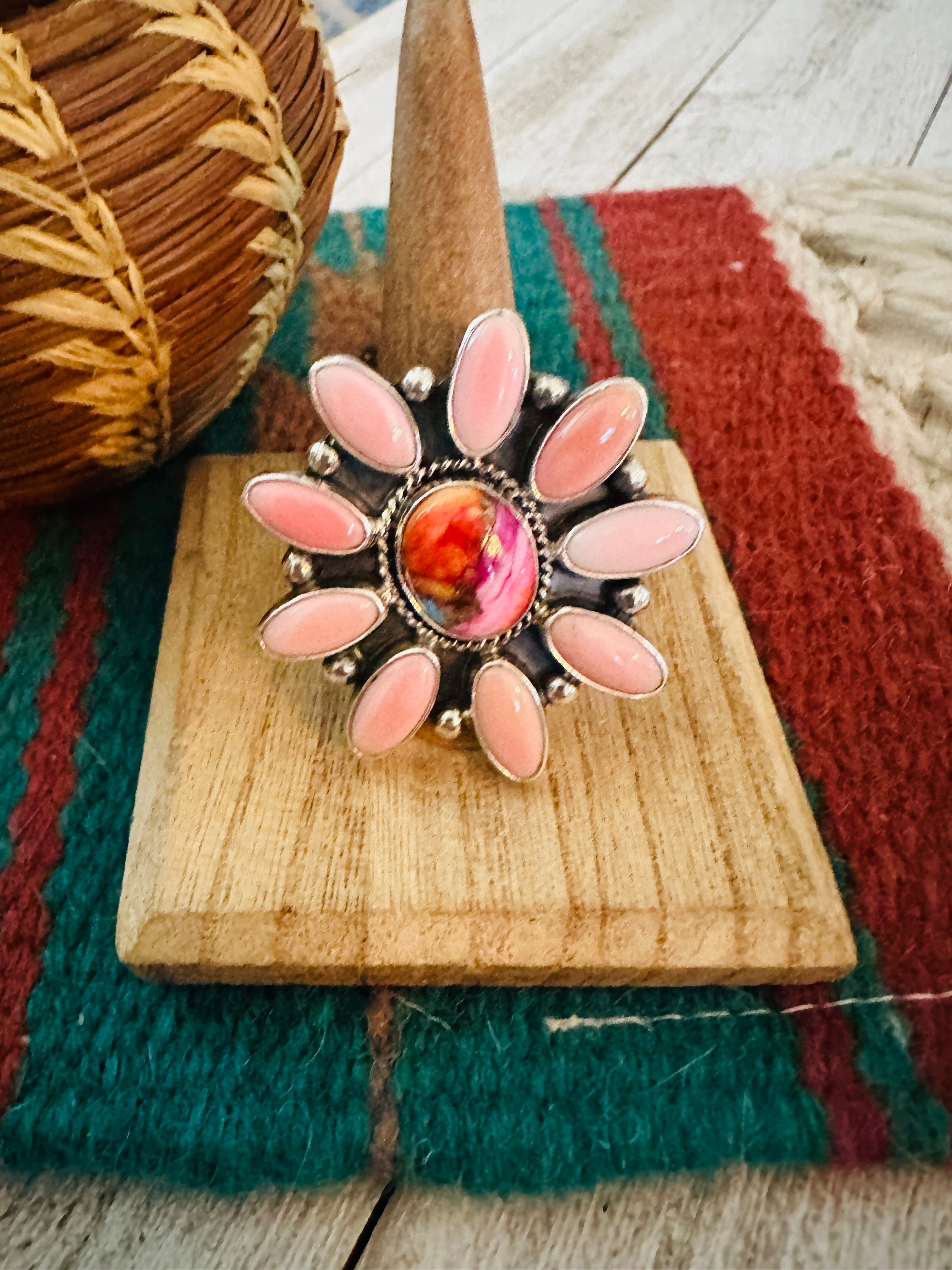 Navajo Sterling Silver, Queen Pink Conch & Pink Dream Cluster Adjustable Ring