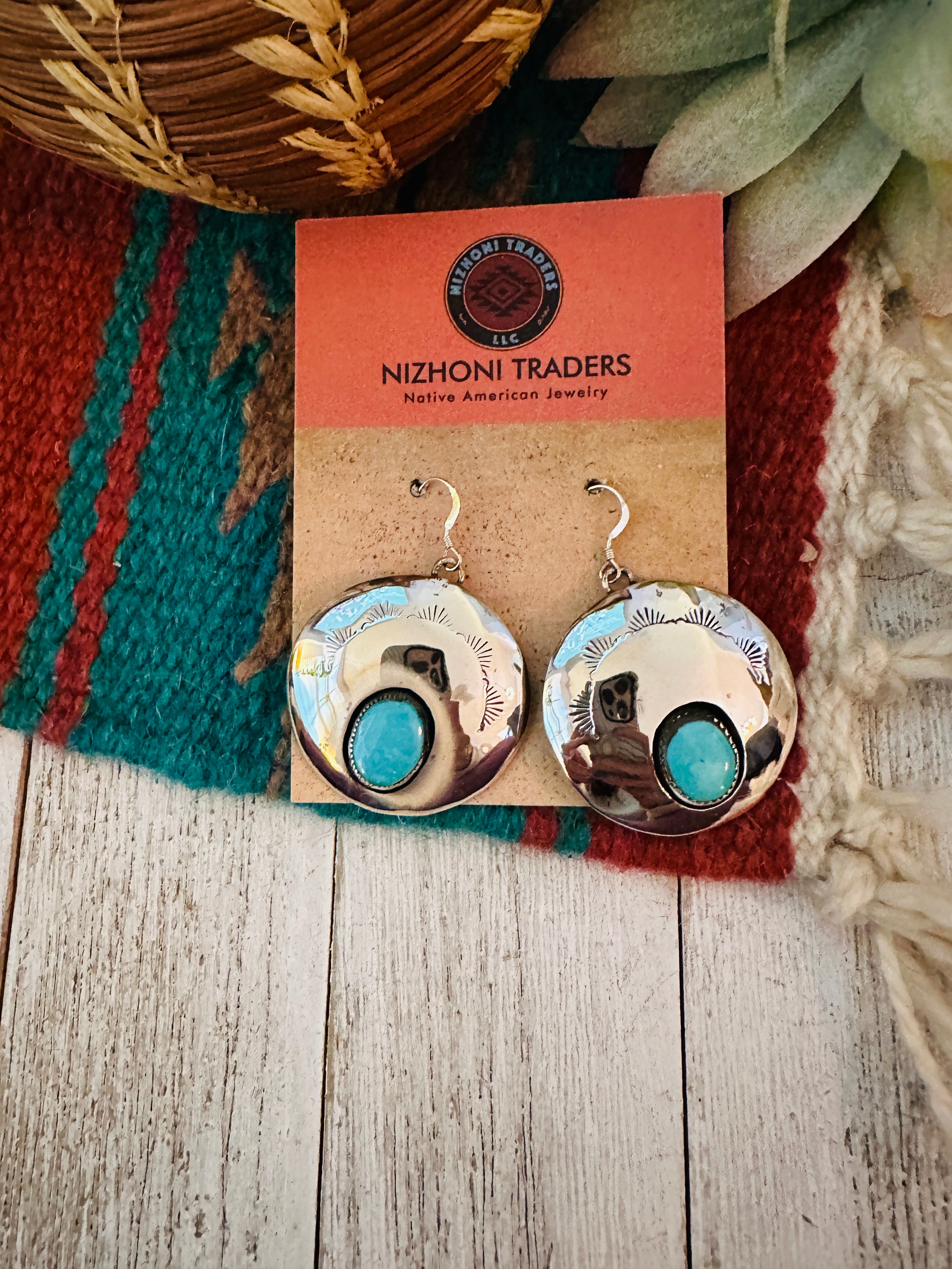 Navajo Hand Stamped Sterling Silver & Turquoise Dangle Earrings