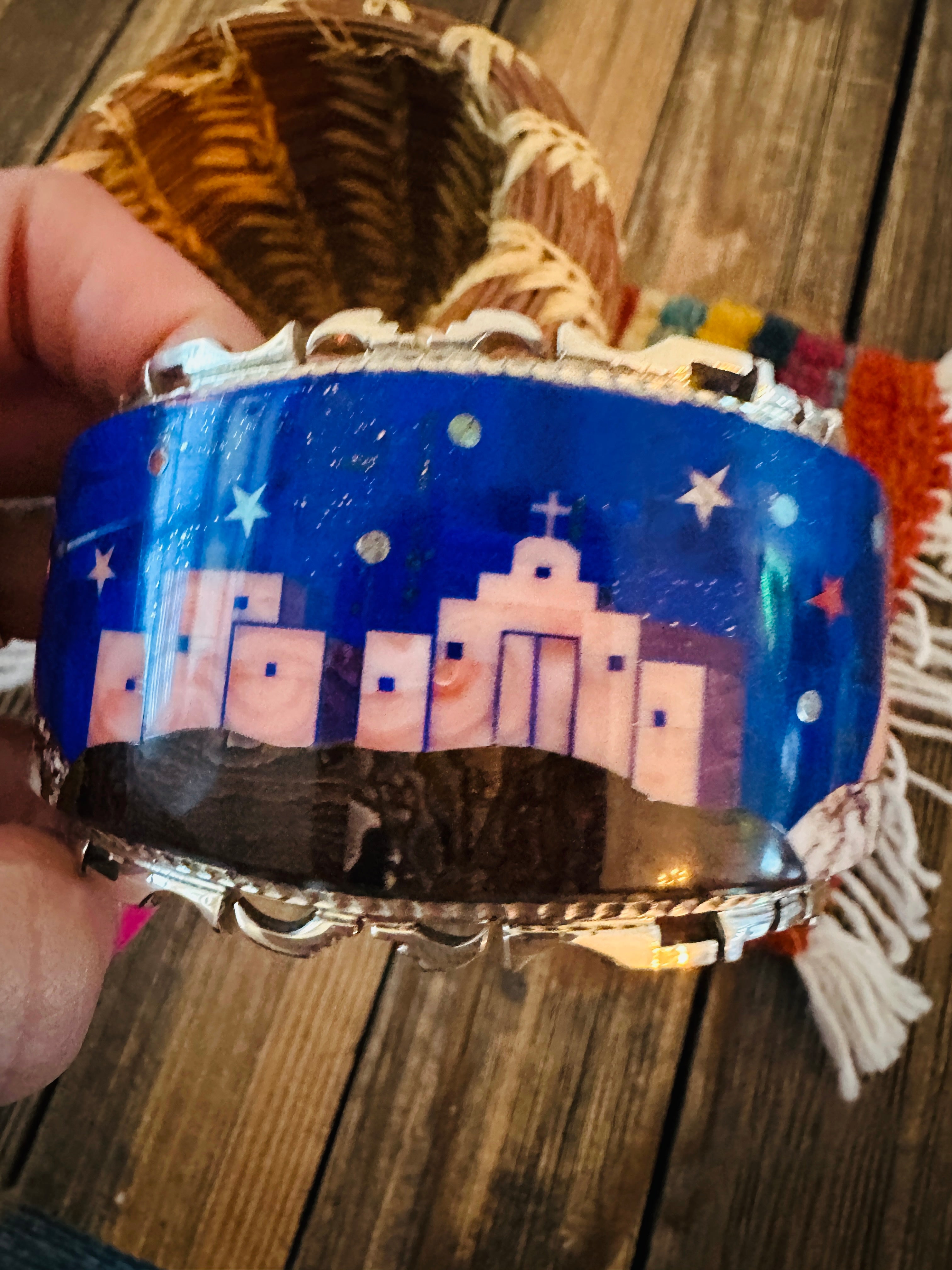 Handcrafted Sterling Silver & Multi Stone Inlay Pueblo Village Cuff Bracelet by Alvin Yellowhorse