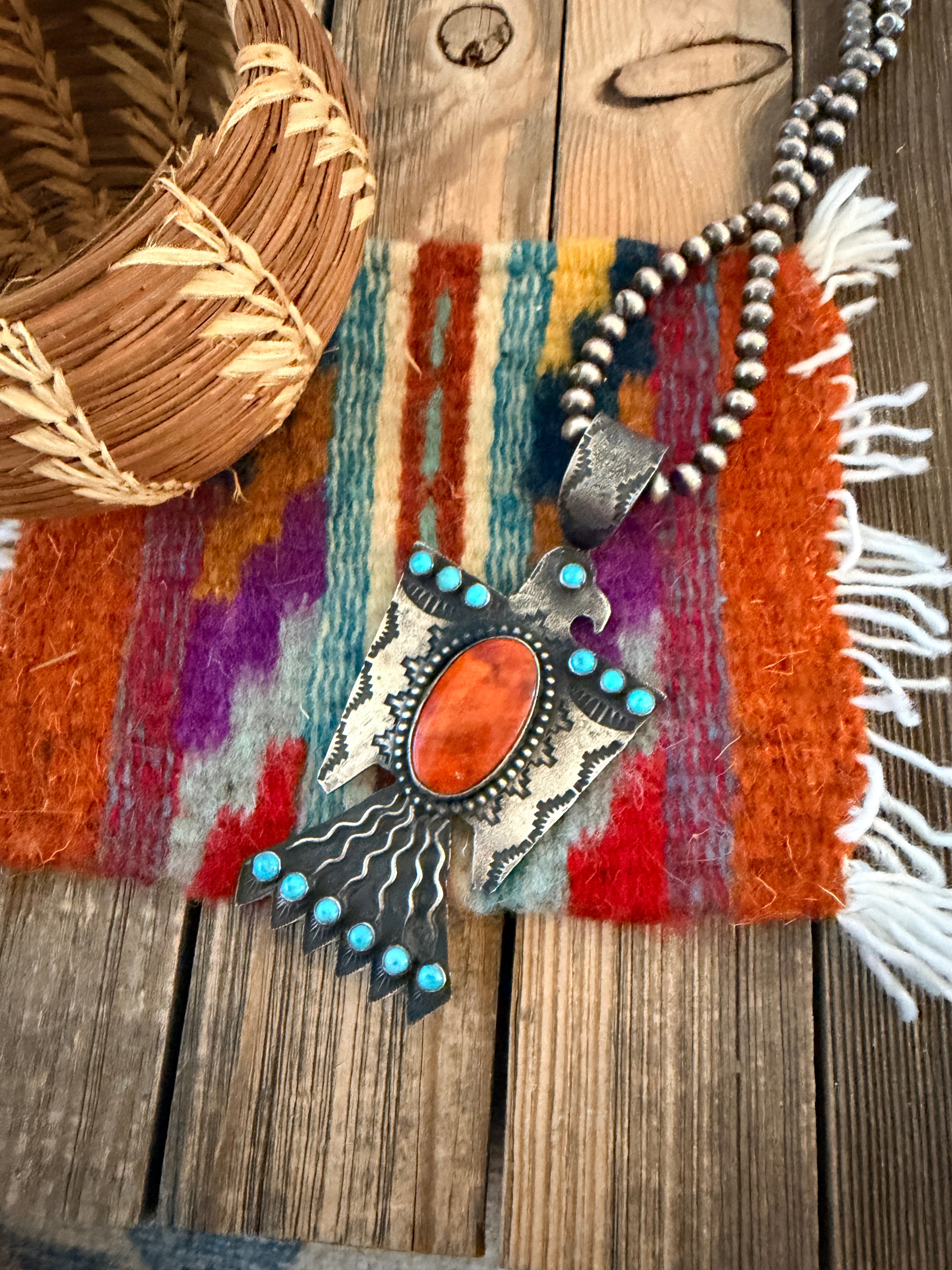 Handcrafted Sterling Silver, Turquoise & Spiny Oyster Thunderbird Pendant by Shawn Cayatineto