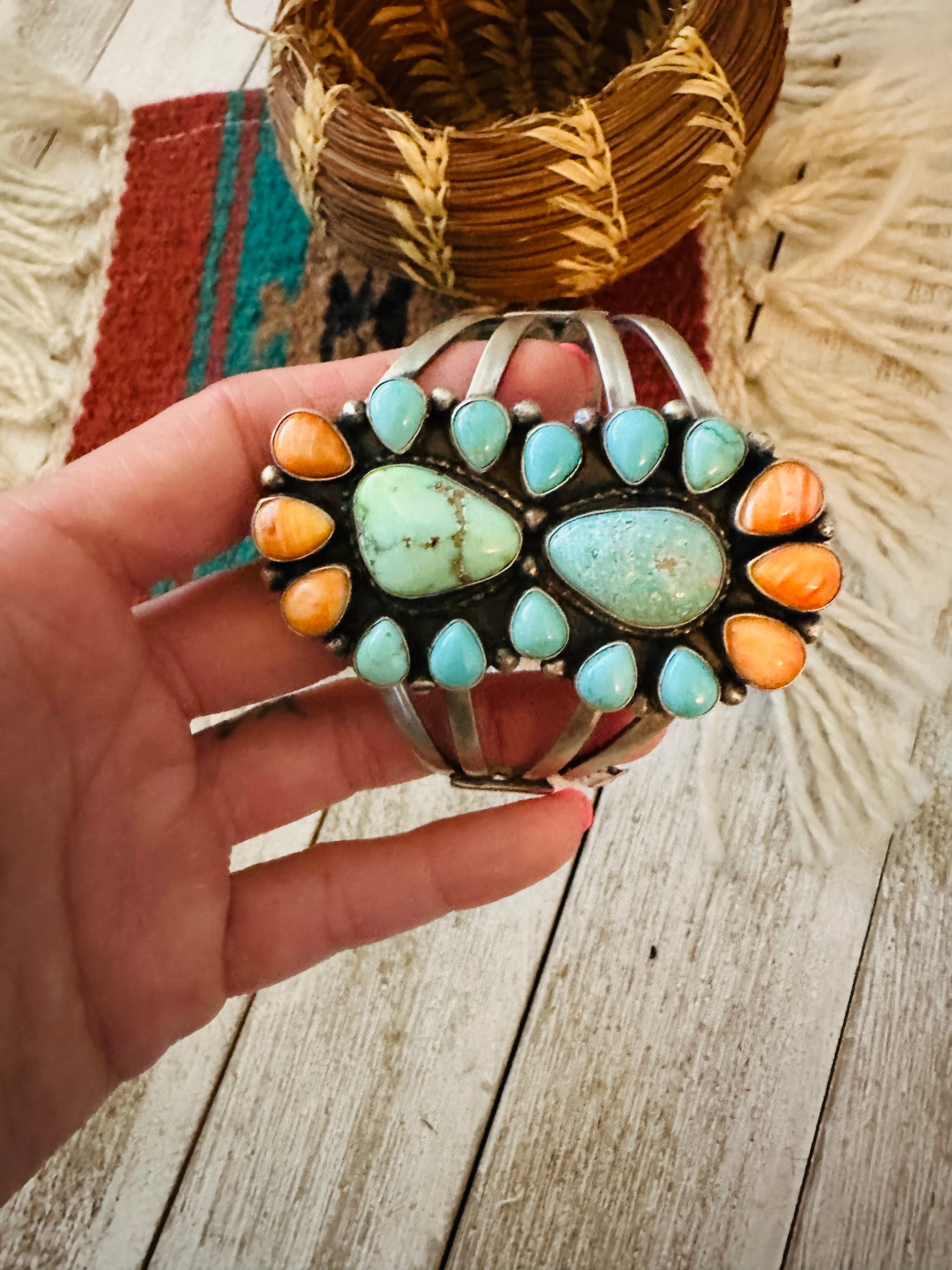 Spiny Oyster, Turquoise & Sterling Silver Cluster Cuff Bracelet /