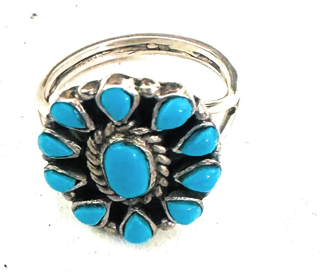 Navajo Turquoise & Sterling Silver Cluster Ring Size 7.25