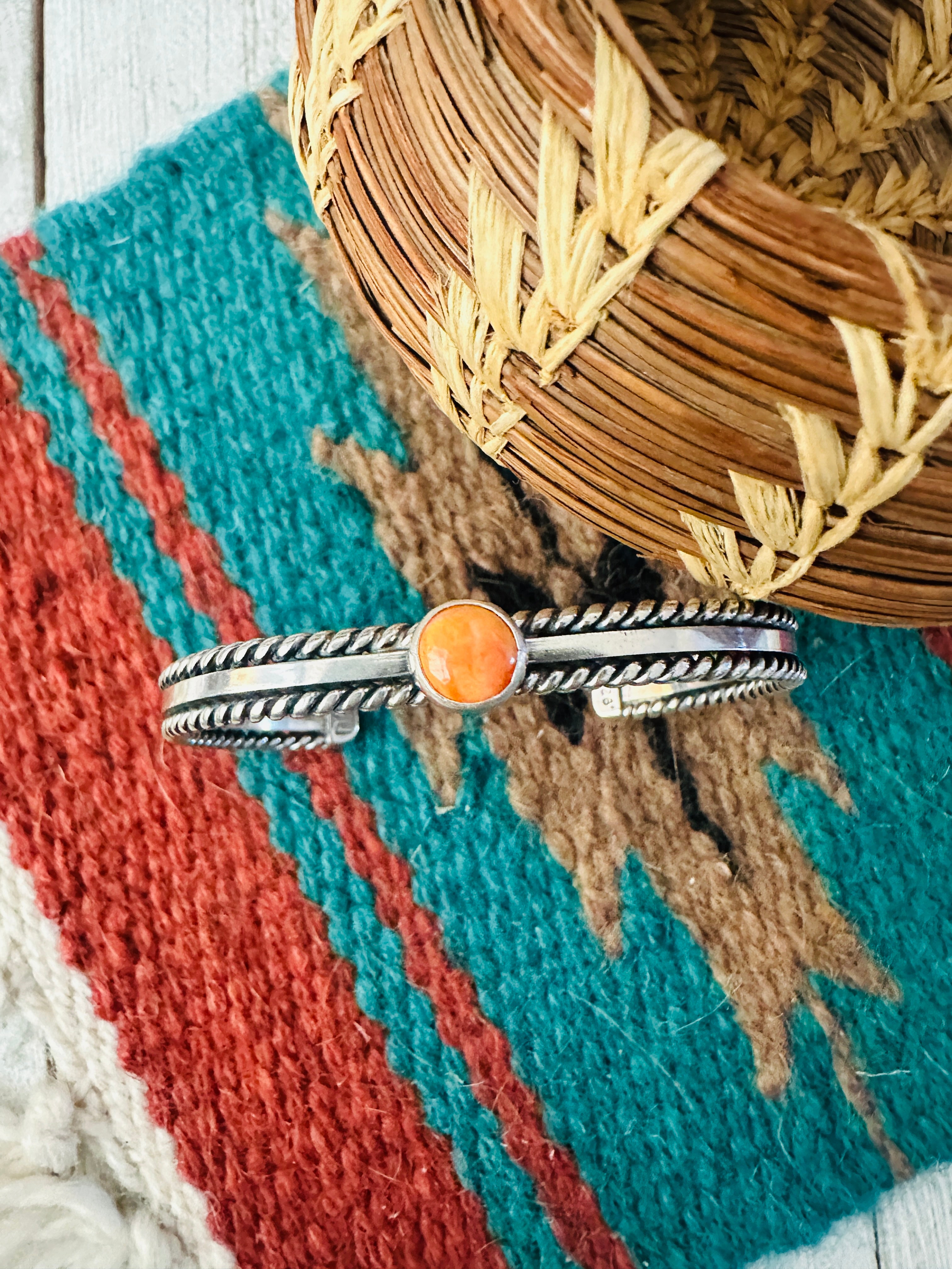 Navajo Sterling Silver & Orange Spiny Oyster Cuff Bracelet