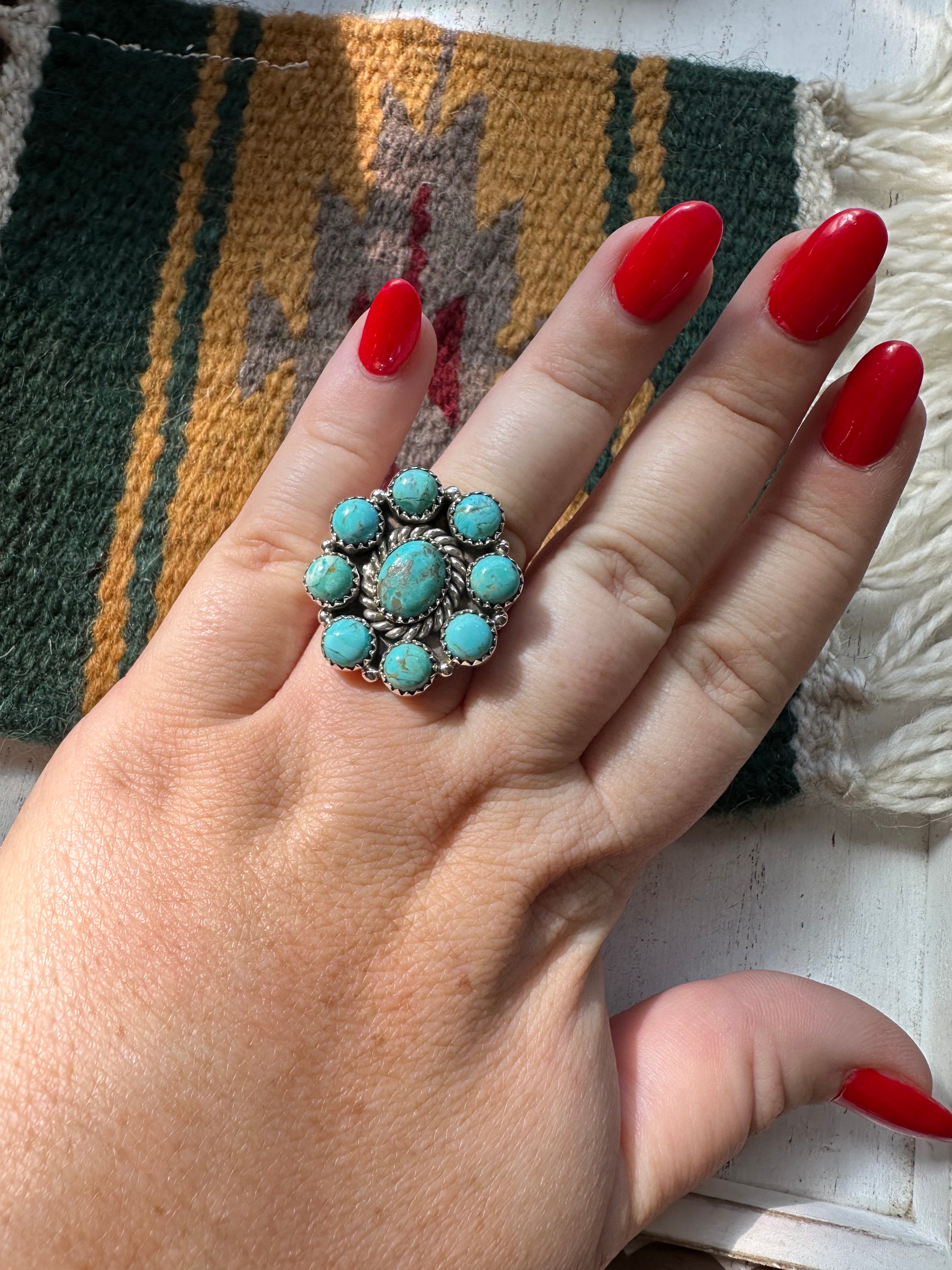 Nizhoni Handmade Adjustable Turquoise Sterling Silver Flower Ring