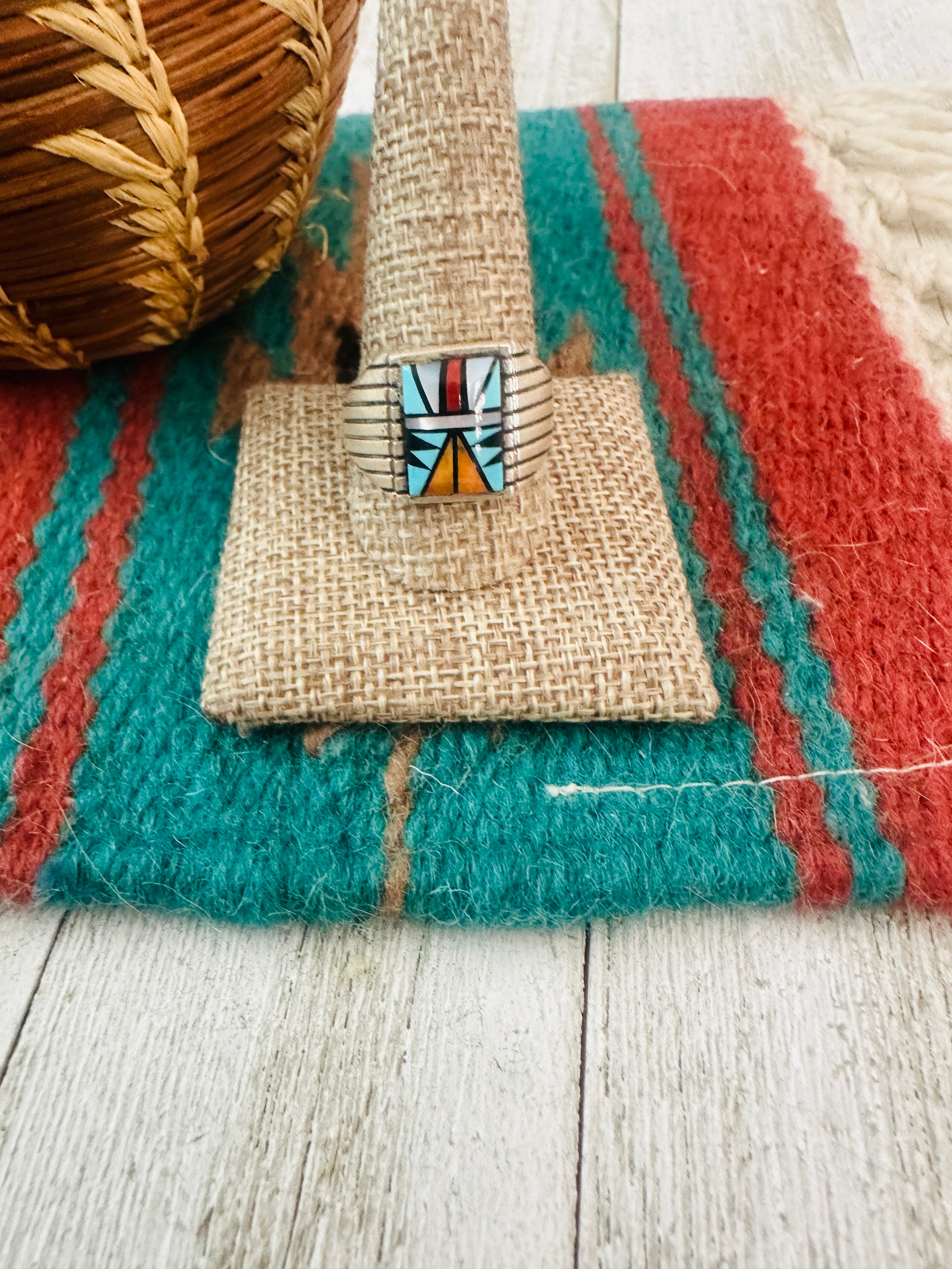 Handcrafted Old Pawn  Sterling Silver & Multi Stone Inlay Ring Size 12