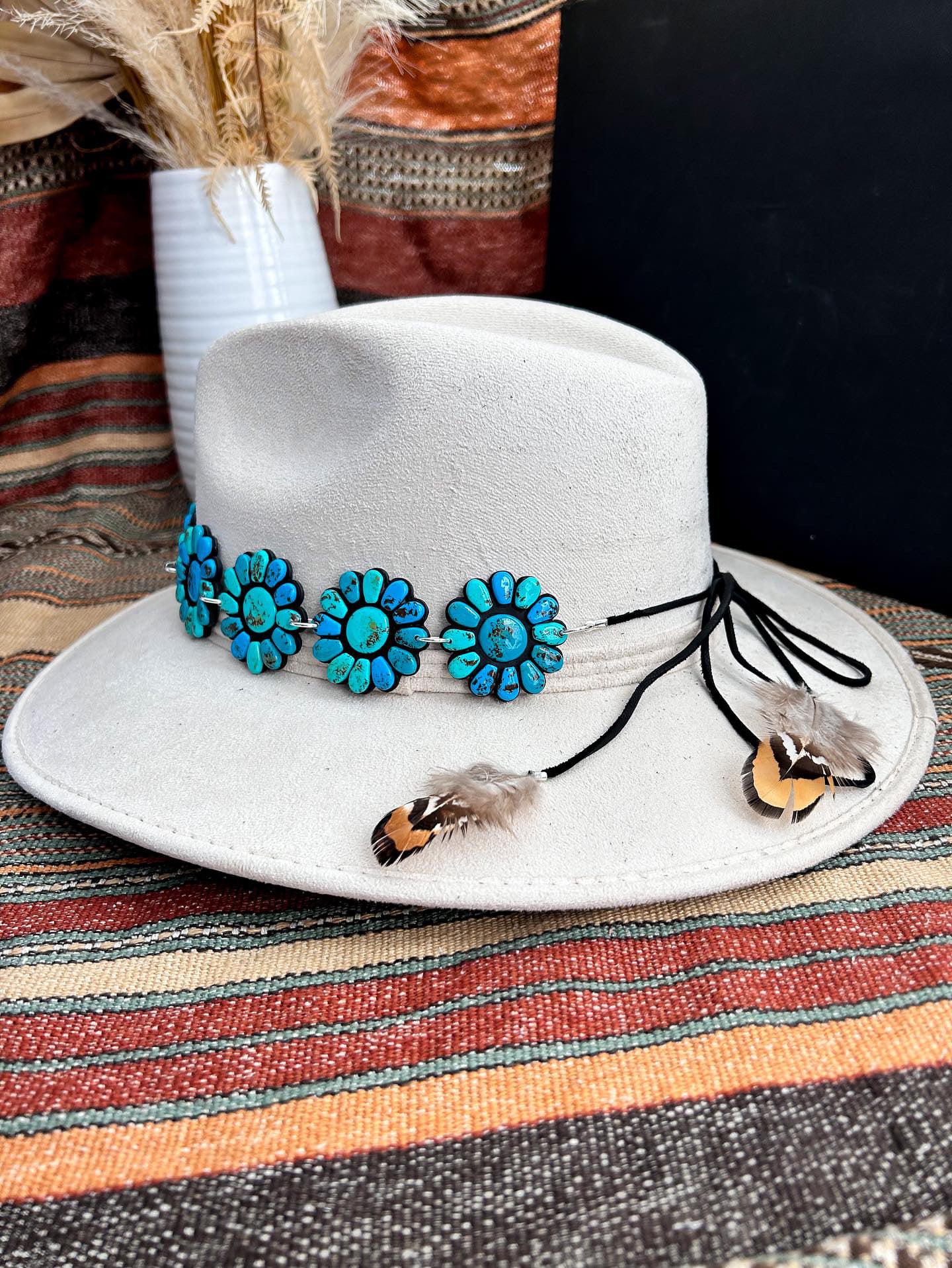 Handmade Clay Turquoise Hat Band With Feathers By Artist Kaylyn