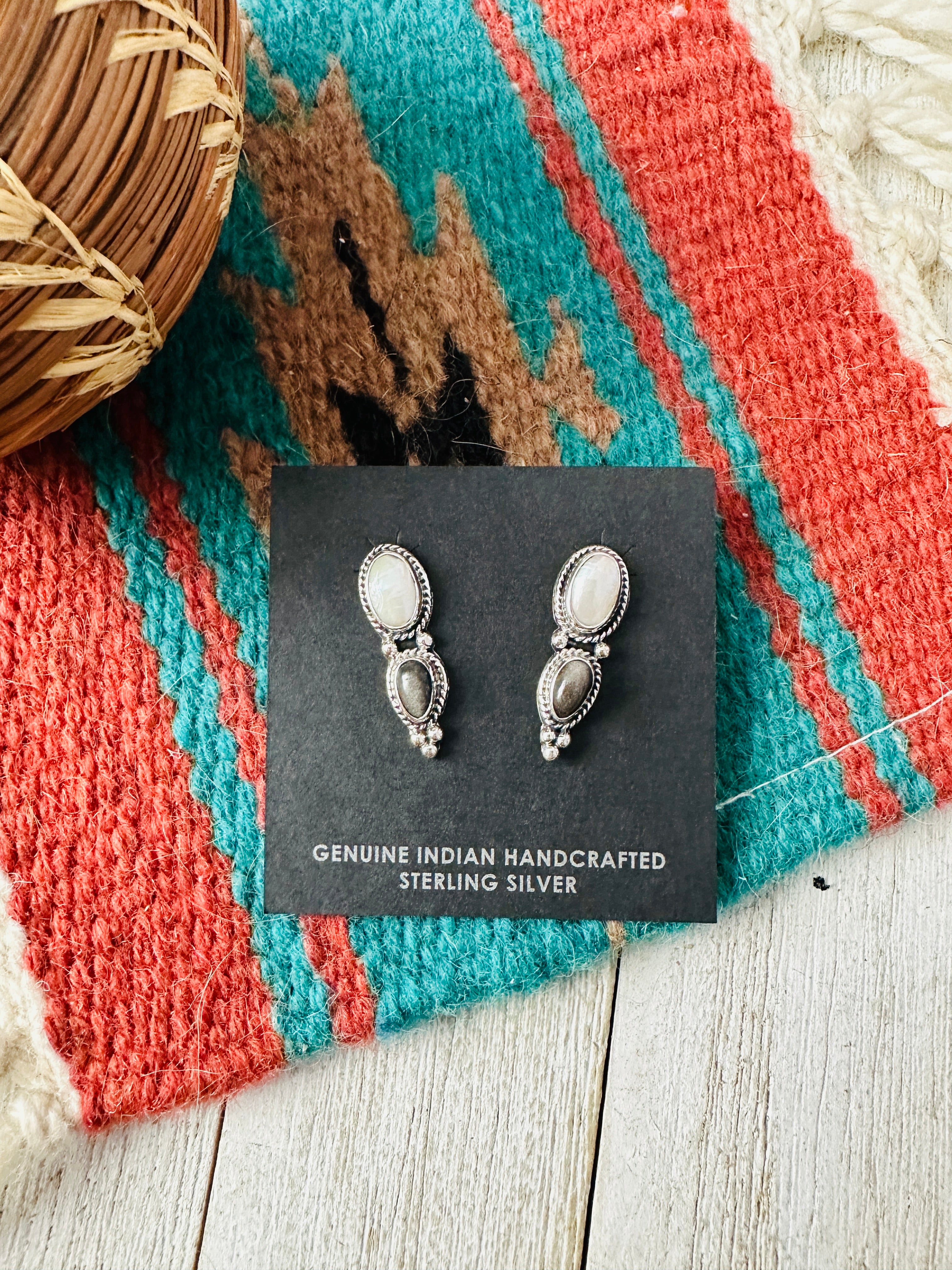 Navajo Sterling Silver, Pearl & Hematite Post Earrings