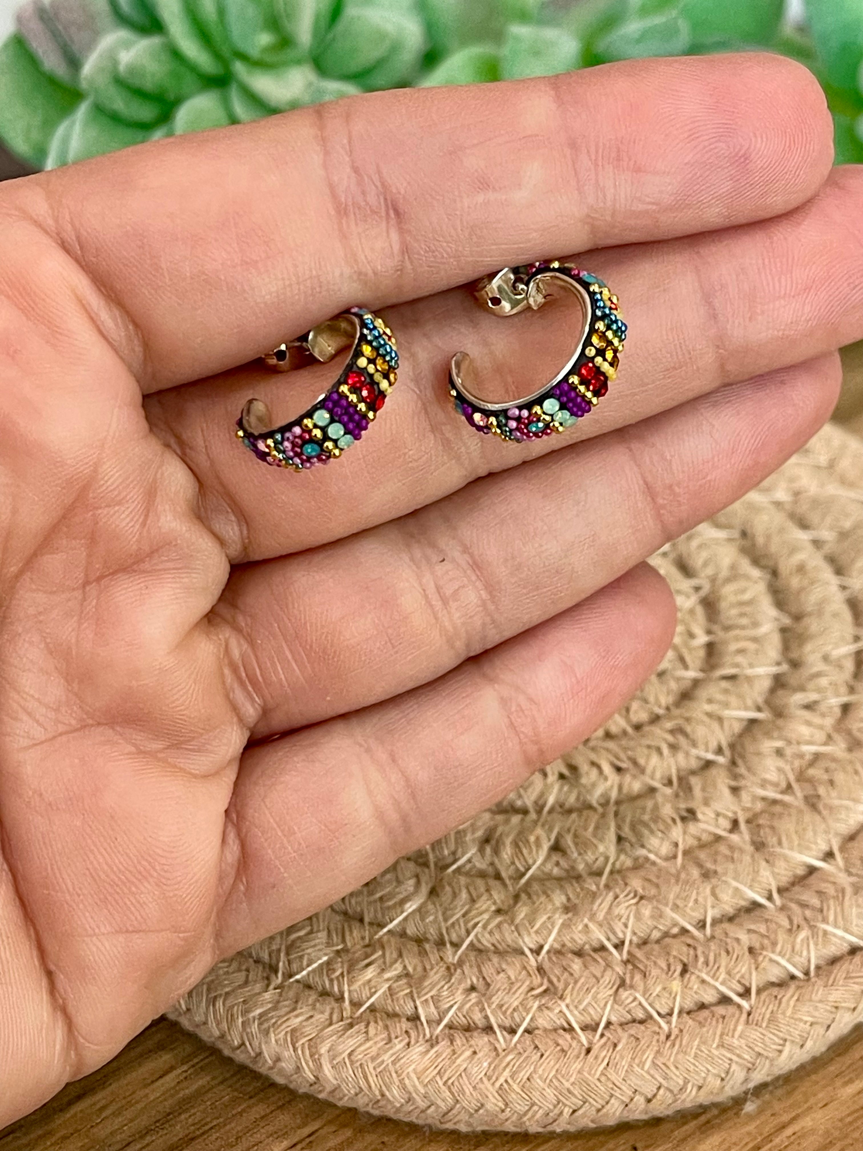 Handmade In Mexico Sterling Silver  , Multi Color Swarovski Crsytal Hoop Earrings