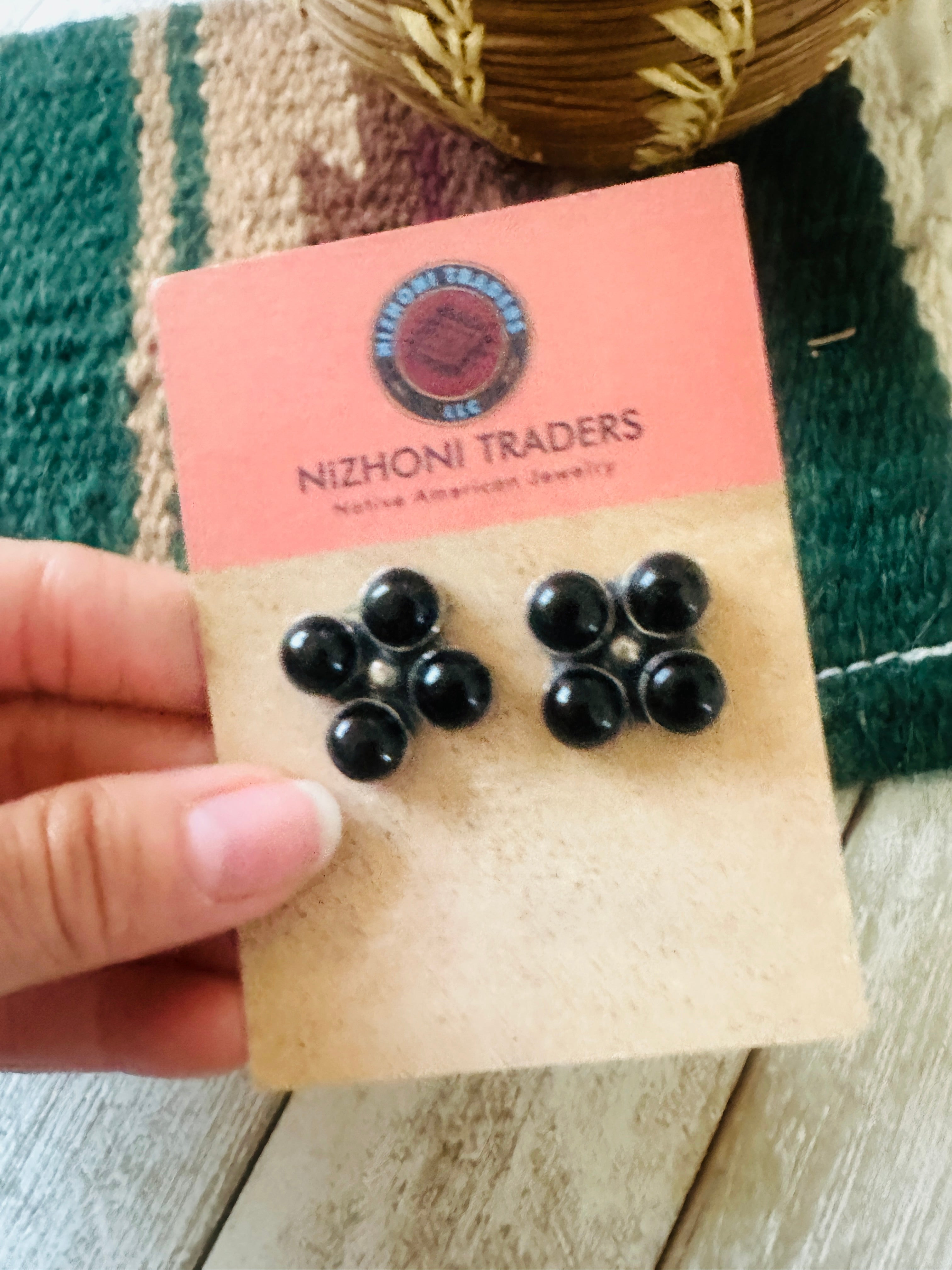 Navajo Onyx & Sterling Silver Cluster Post Earrings