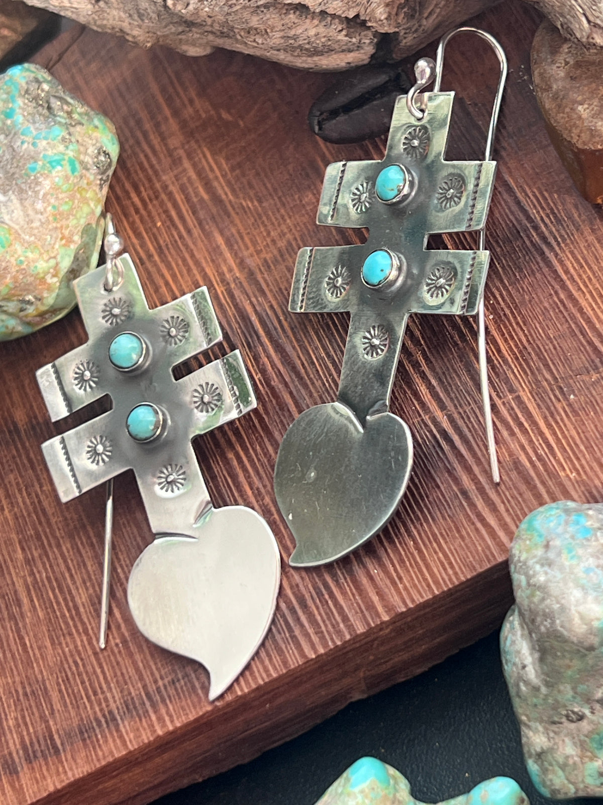 Hand Stamped Sterling Silver Dragonfly Cross Heart Dangle Earrings with Kingman Turquoise by Kimari Somers, Squared Bars
