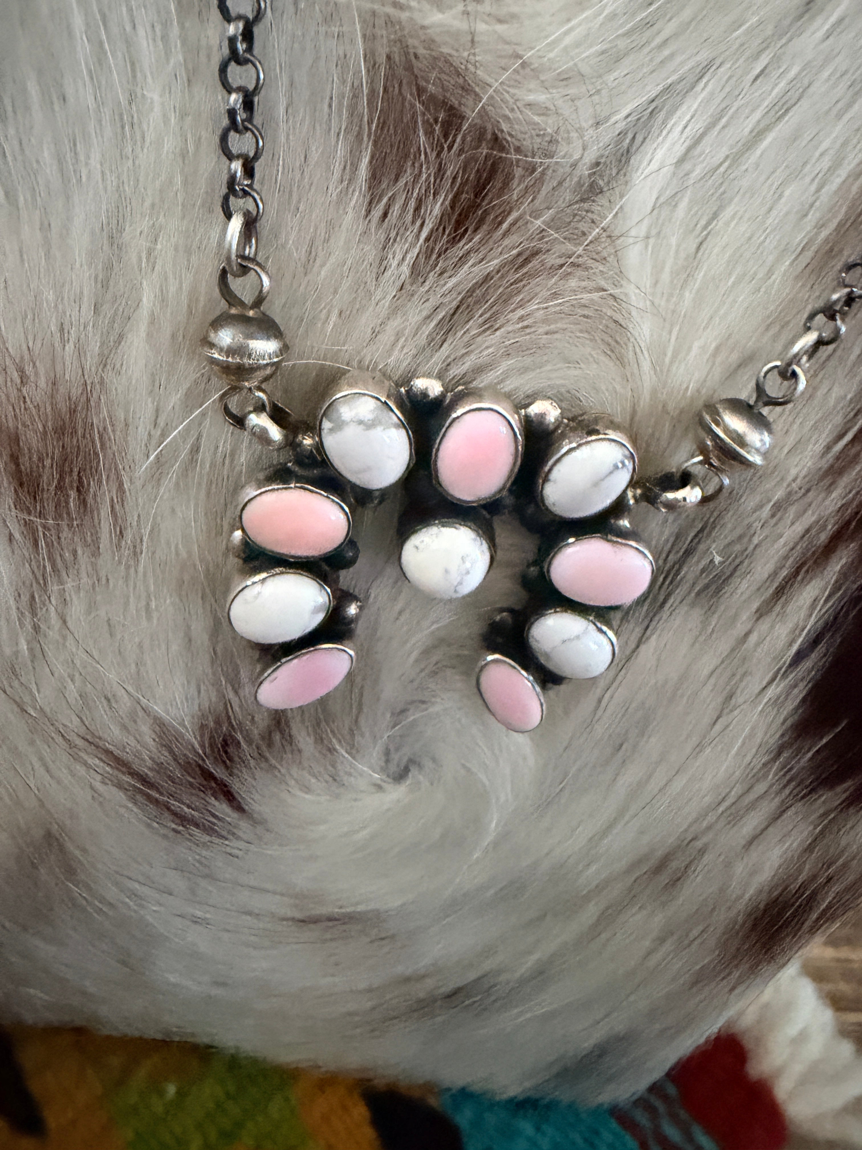 Handcrafted Queen Pink Conch, White Buffalo & Sterling Silver Naja Necklace by Jacqueline Silver