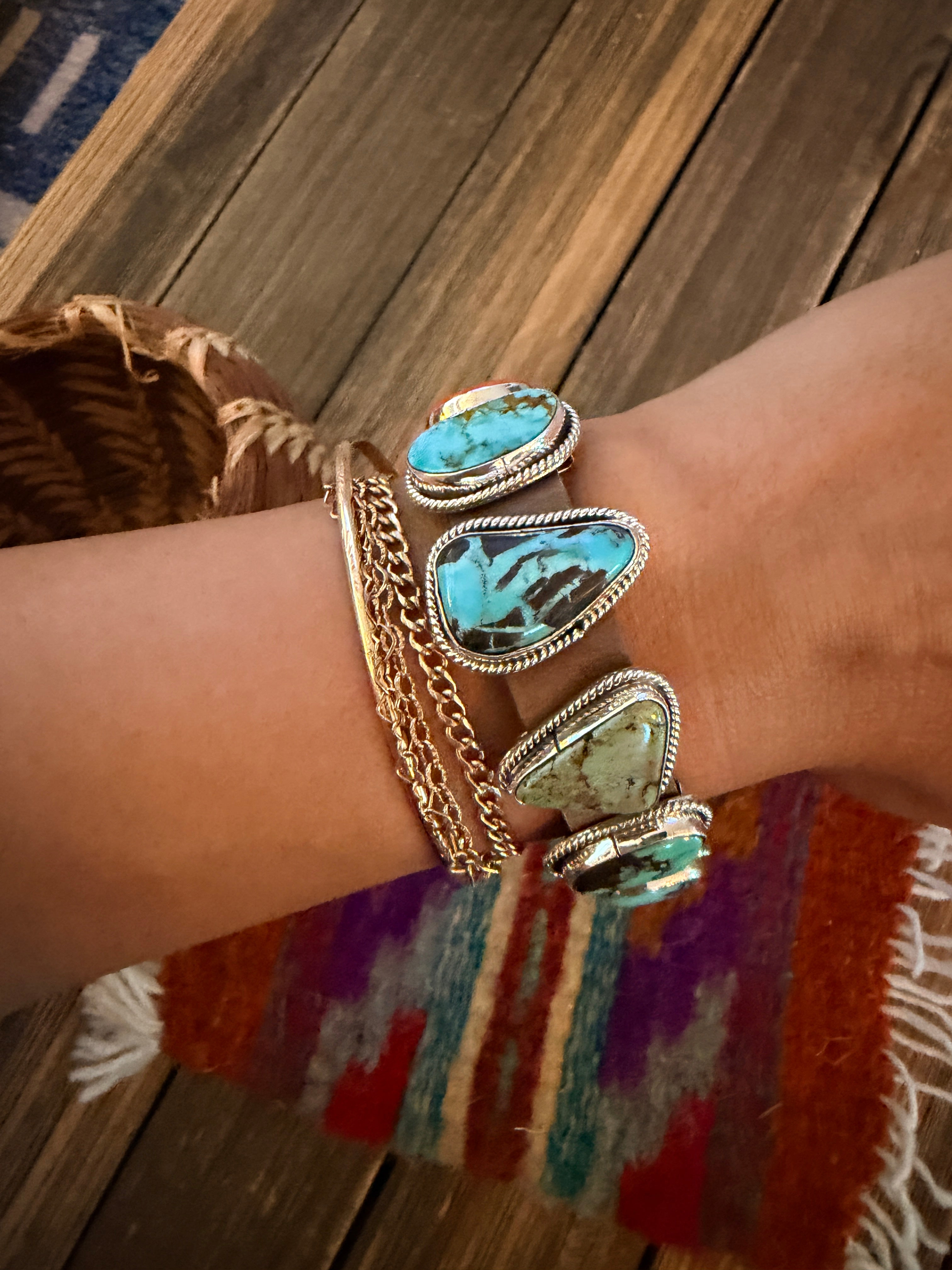 Handcrafted Multi Turquoise, Spiny & Sterling Silver Leather Bracelet