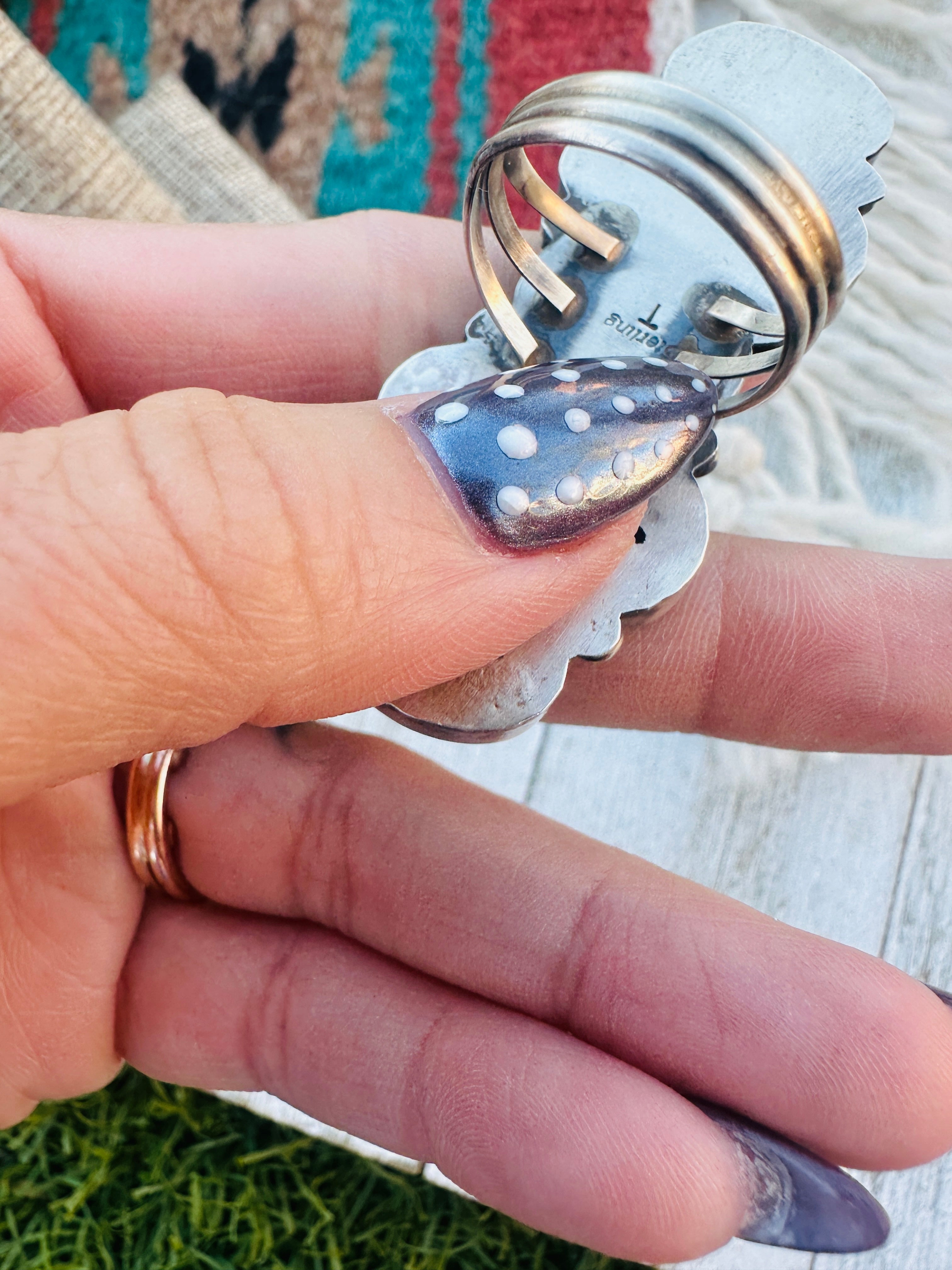 Old Pawn Handcrafted Turquoise & Sterling Silver Cluster Ring Size 8